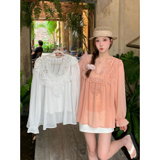 批发大码复古优雅立体钩花蕾丝拼接雪纺衫<b class='q'>小衫</b>吊带背心套装女宽松上衣