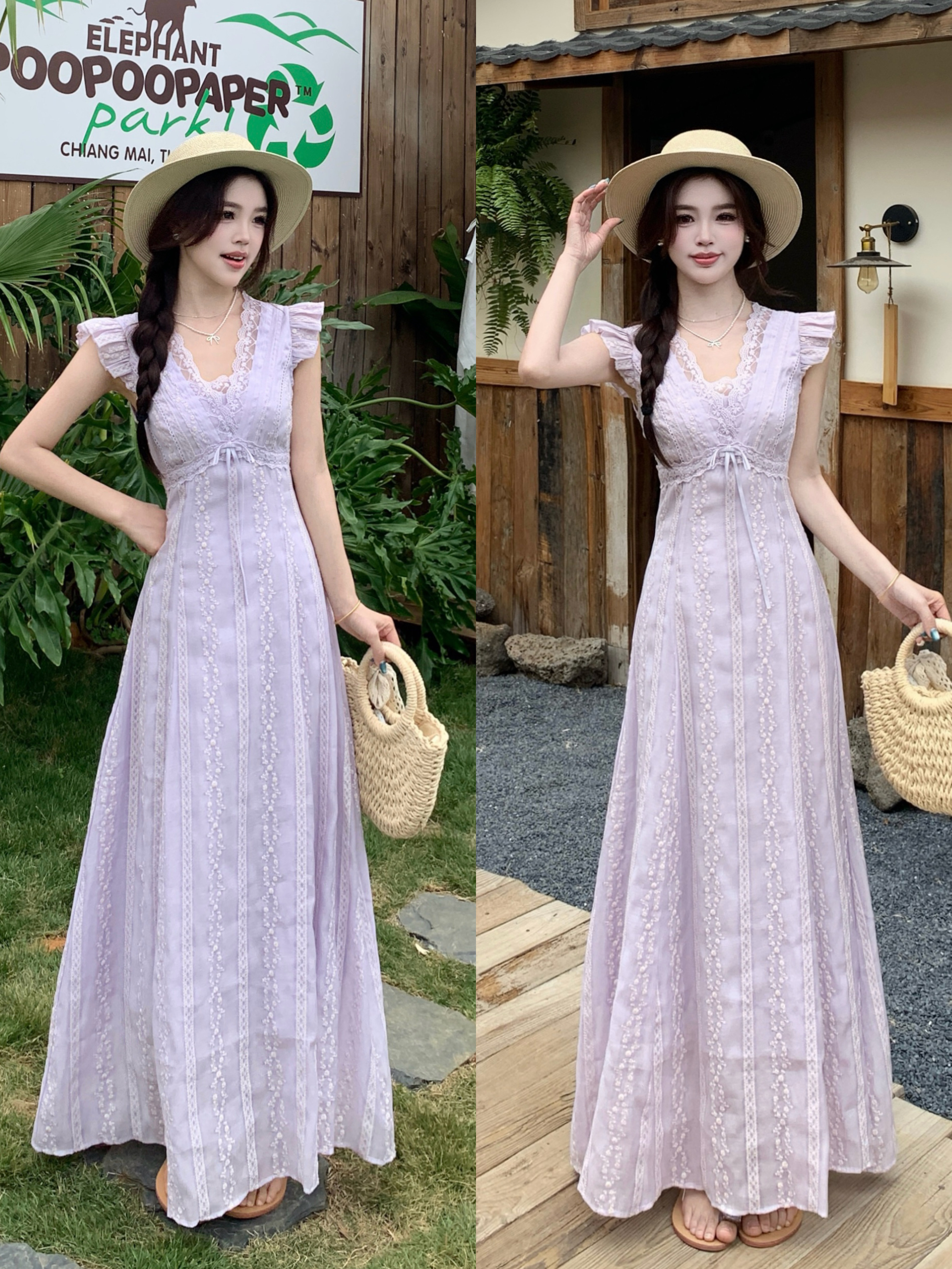 大码夏法式复古温柔紫V领小飞袖长款连衣裙甜美气质蕾丝裙子 服裝批發女裝批發服飾貨源