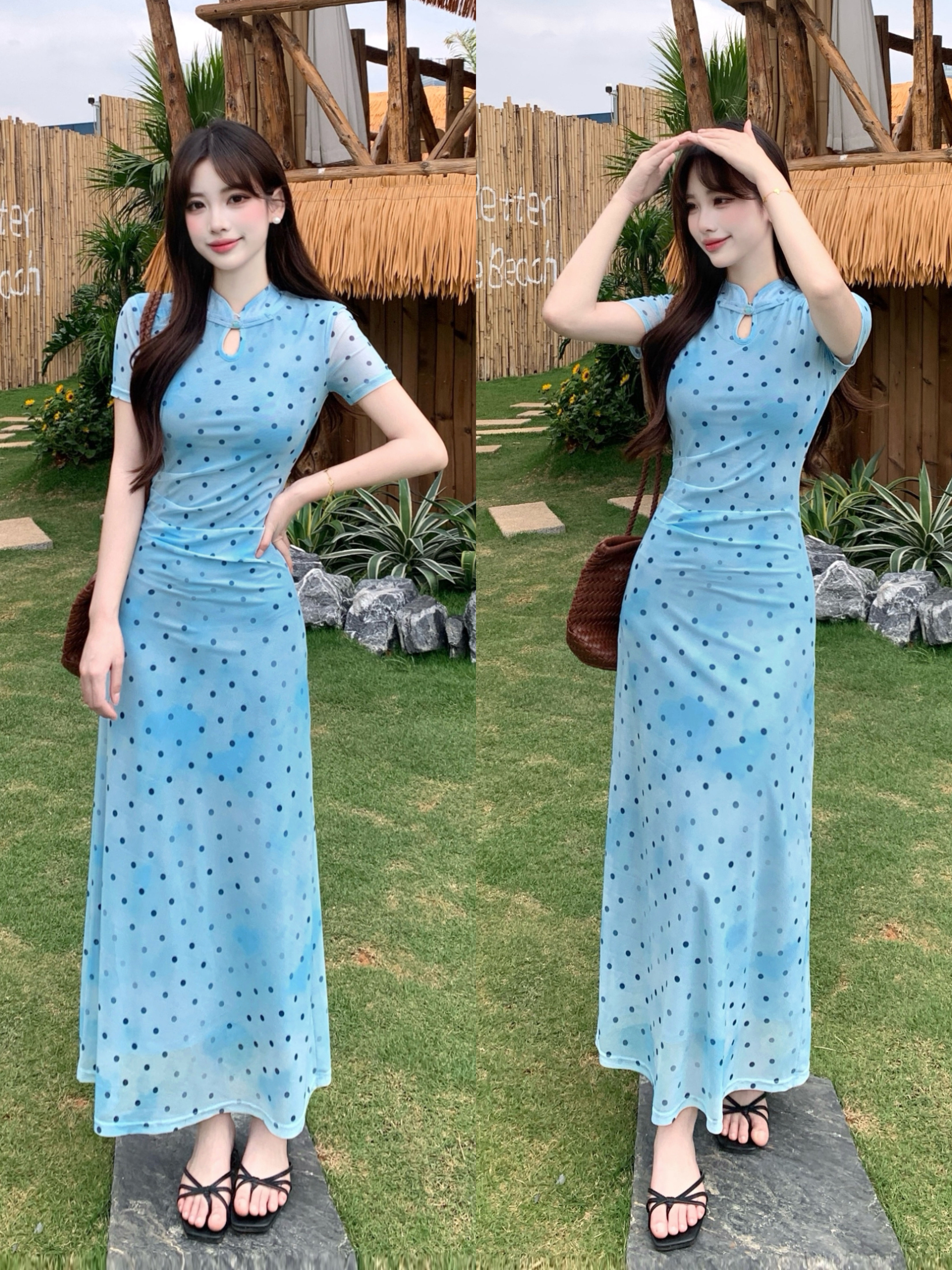 BY14480# 大码新中式国风松涧照复古波点改良旗袍裙夏收腰水滴领长裙女