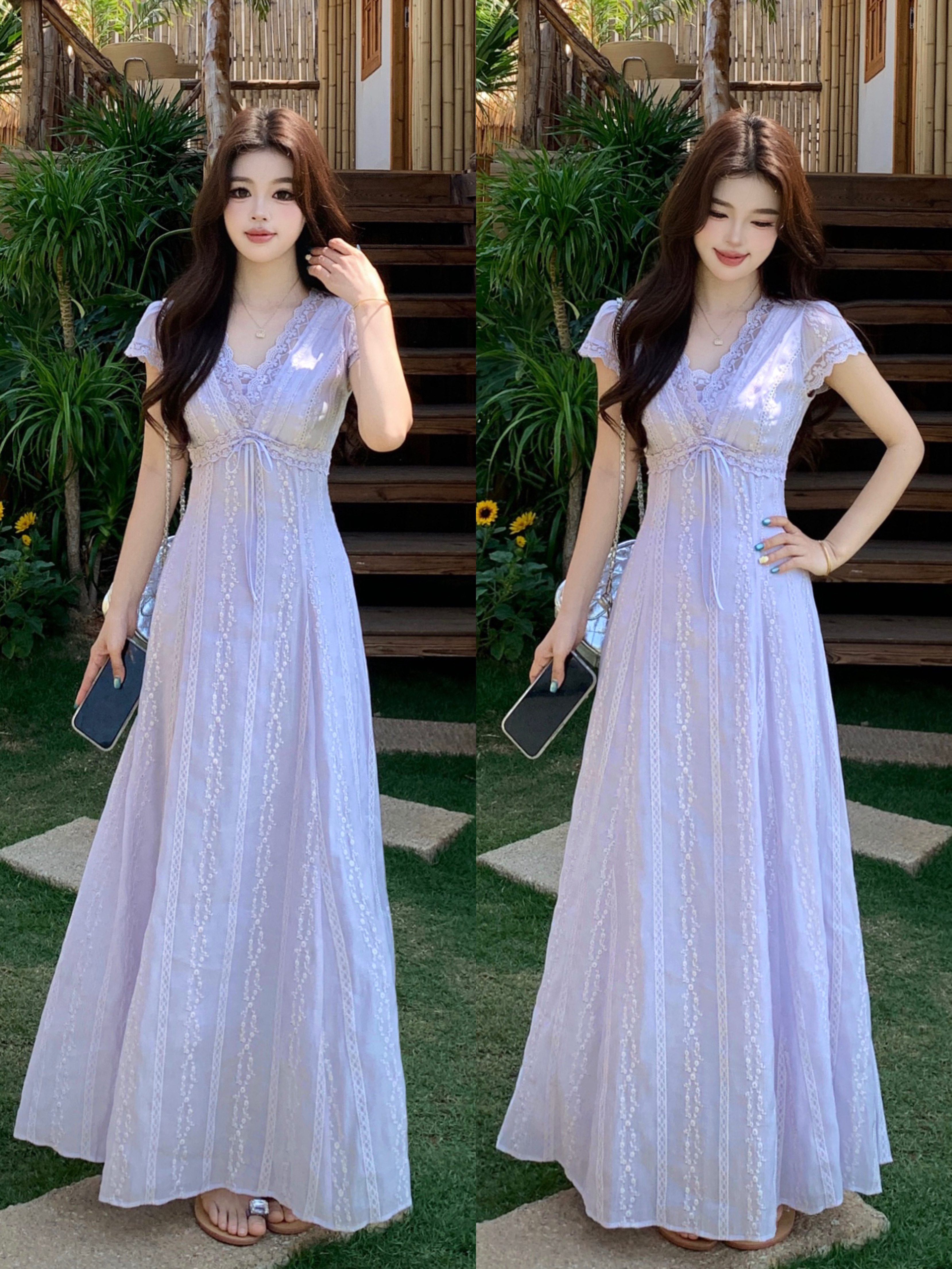 大码夏法式长款温柔紫v领绝美氛围设计感气质收腰短袖连衣裙 服裝批發女裝批發服飾貨源