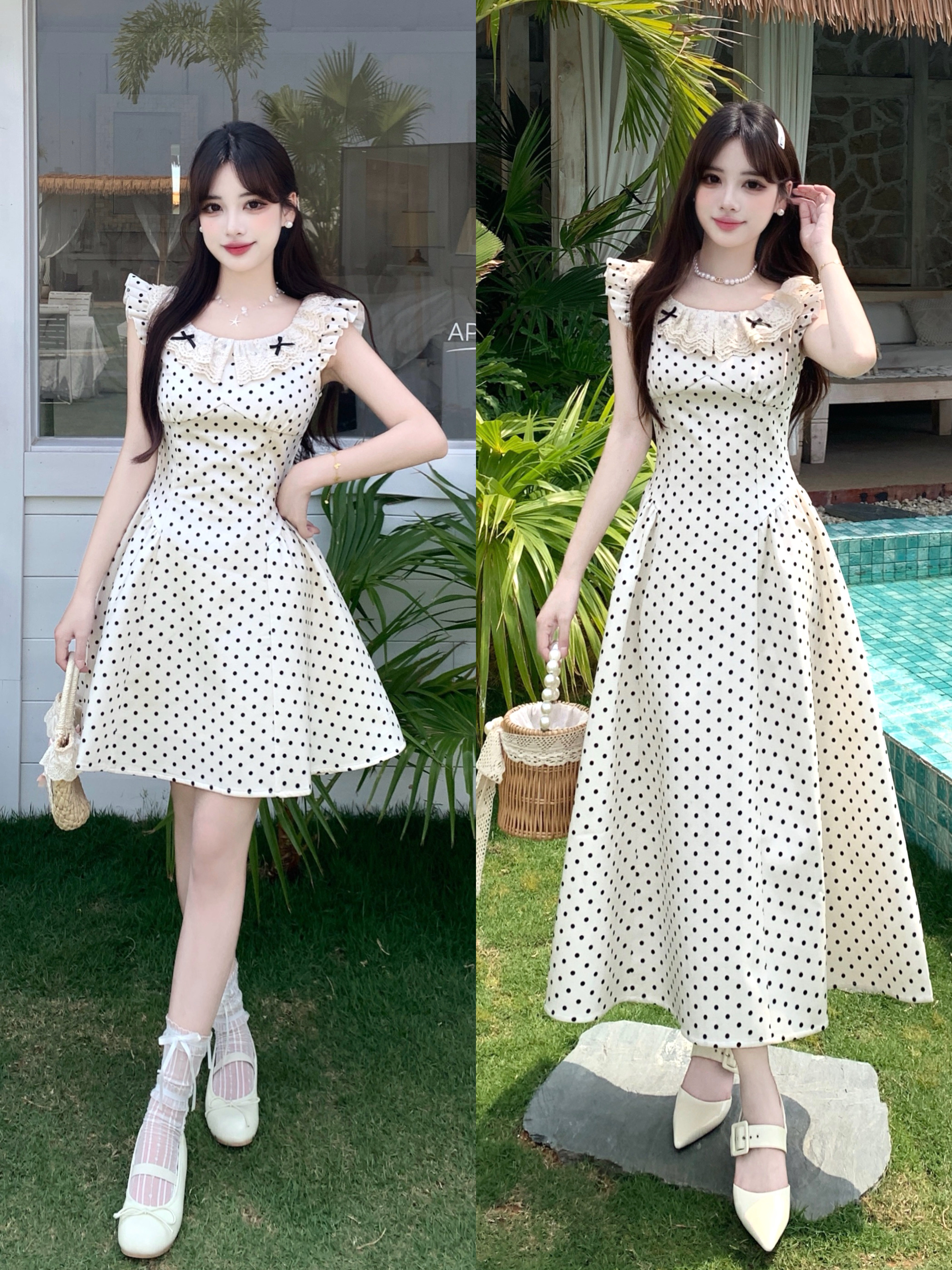 大码白栀奶昔法式千金风时尚miu系波点连衣裙女夏飞飞袖收腰裙子 服裝批發女裝批發服飾貨源