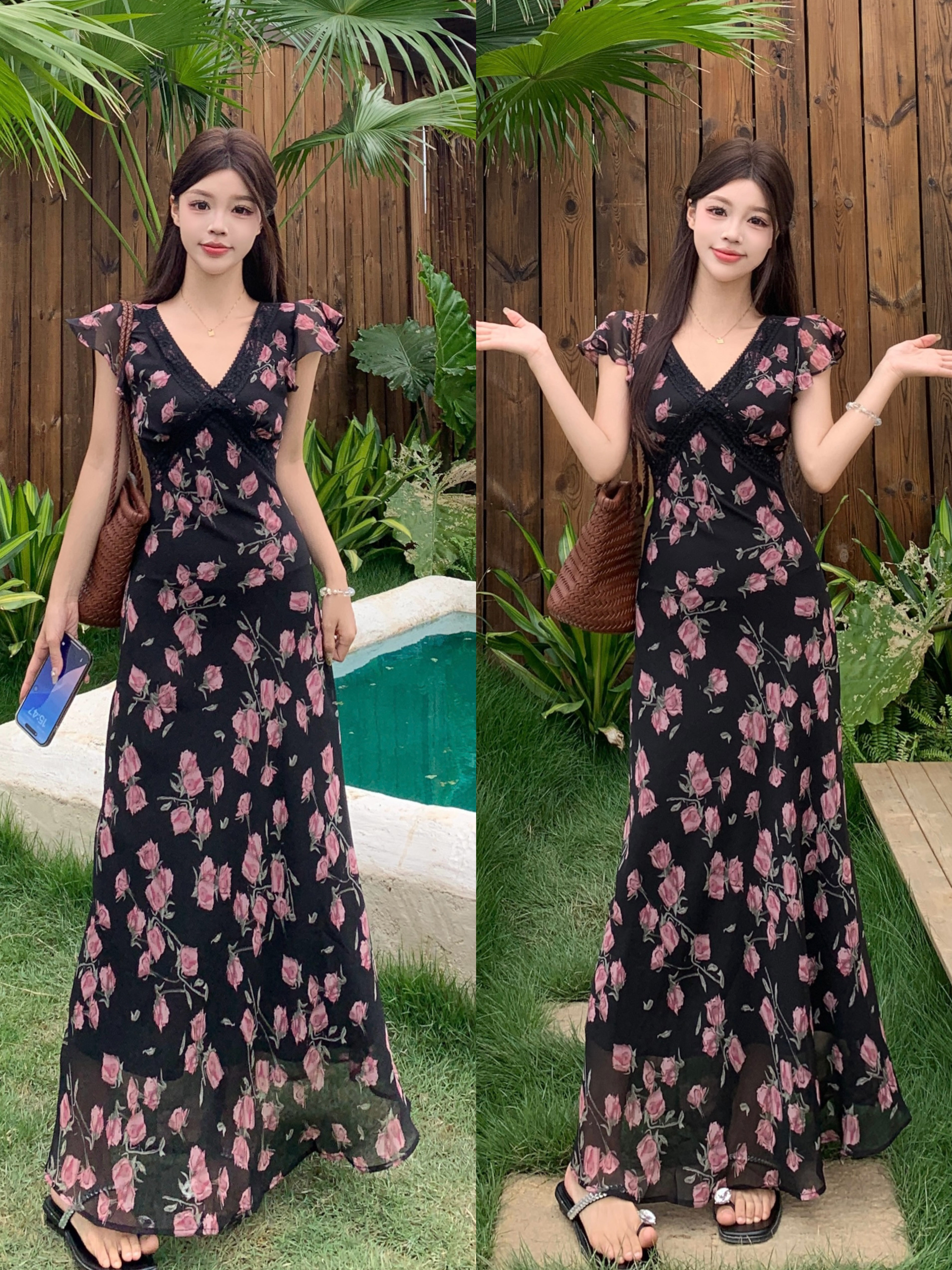 大码V领小飞袖碎花连衣裙女夏季法式绝美气质收腰黑色长裙女 服裝批發女裝批發服飾貨源