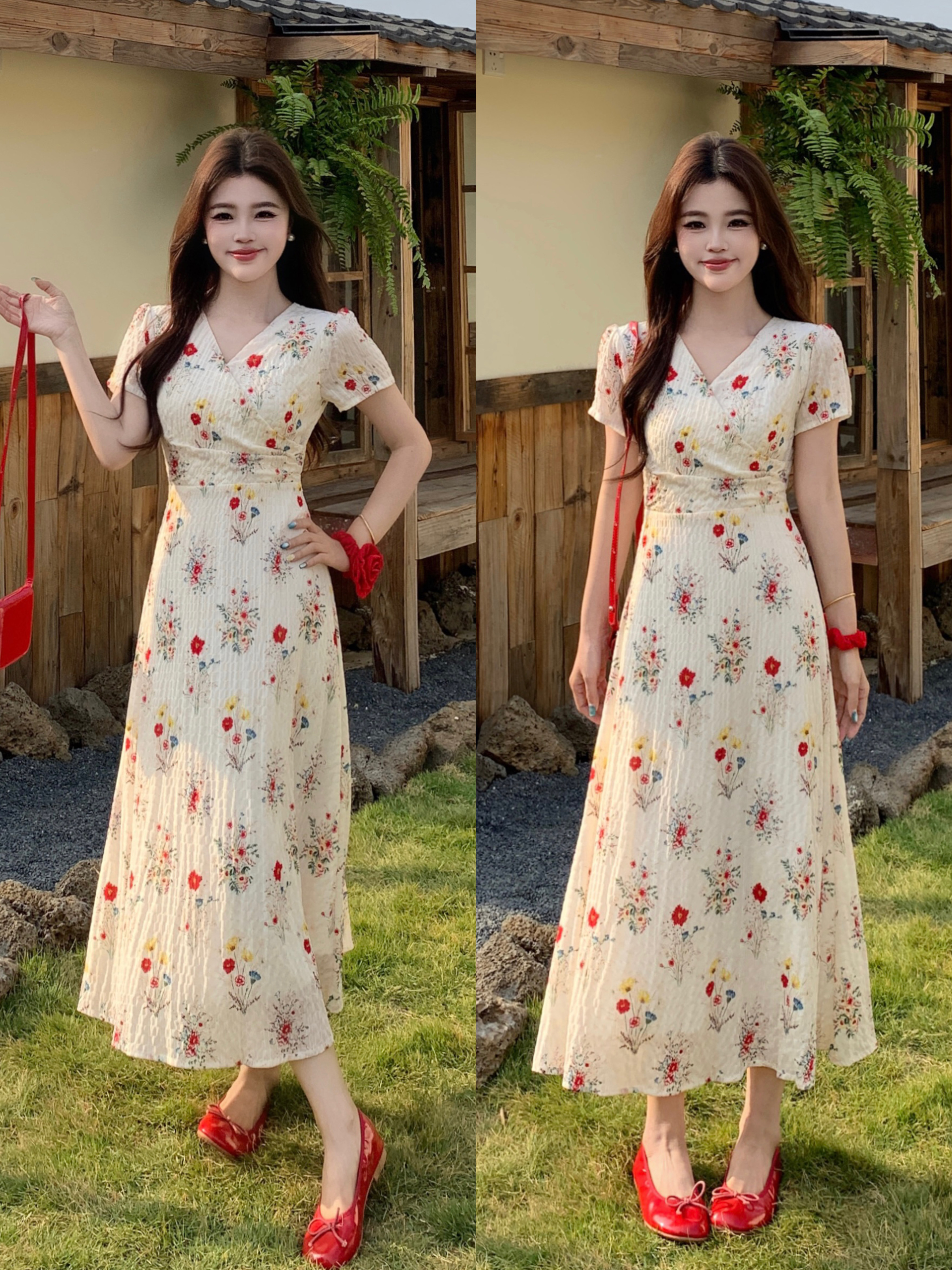 大码石榴花语碎花明媚大方温柔法式初恋小众显瘦气质中长款连衣裙 服裝批發女裝批發服飾貨源