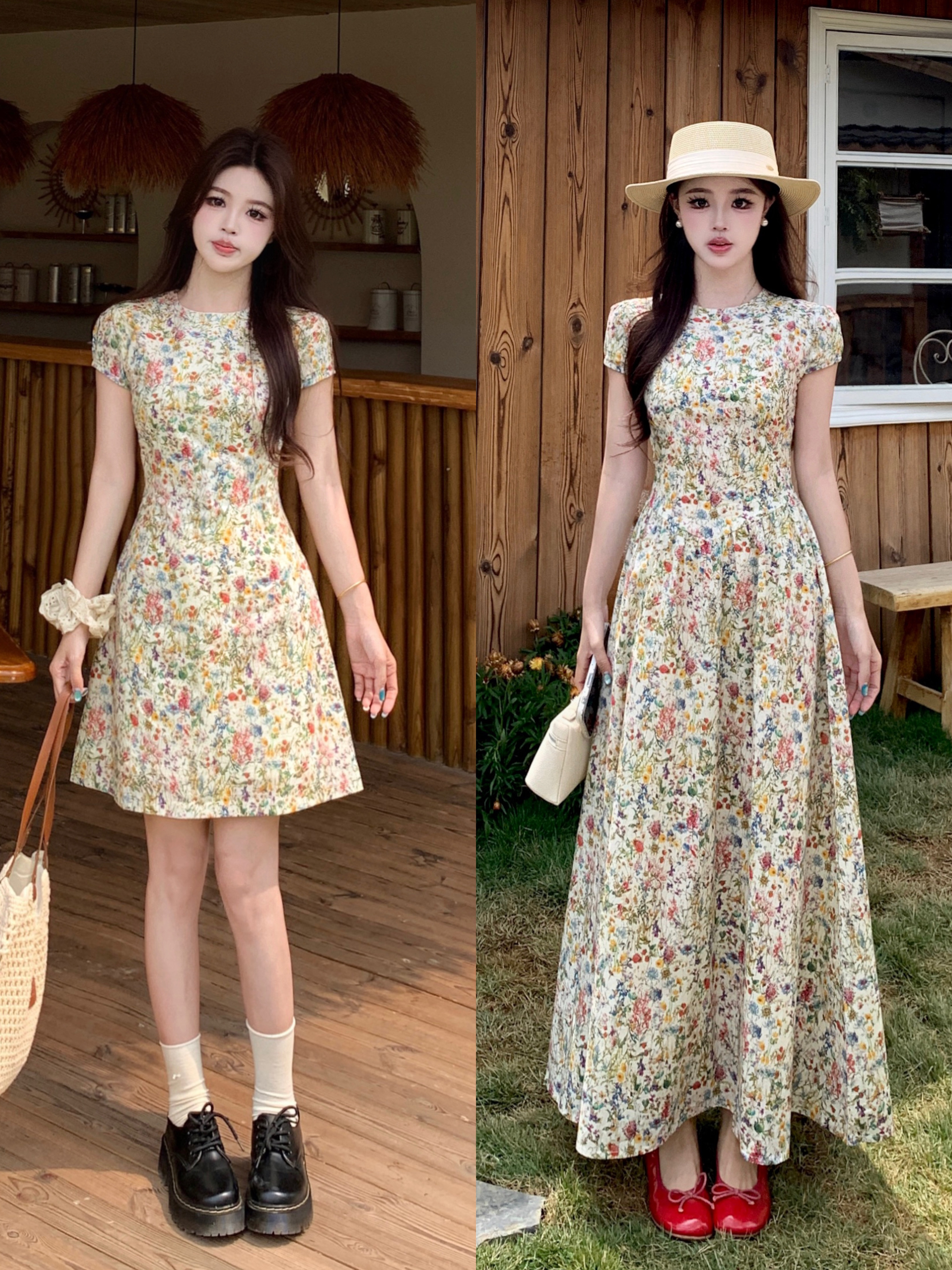 大码短袖碎花法式连衣裙女夏圆领长短款气质修身收腰显瘦裙女 服裝批發女裝批發服飾貨源