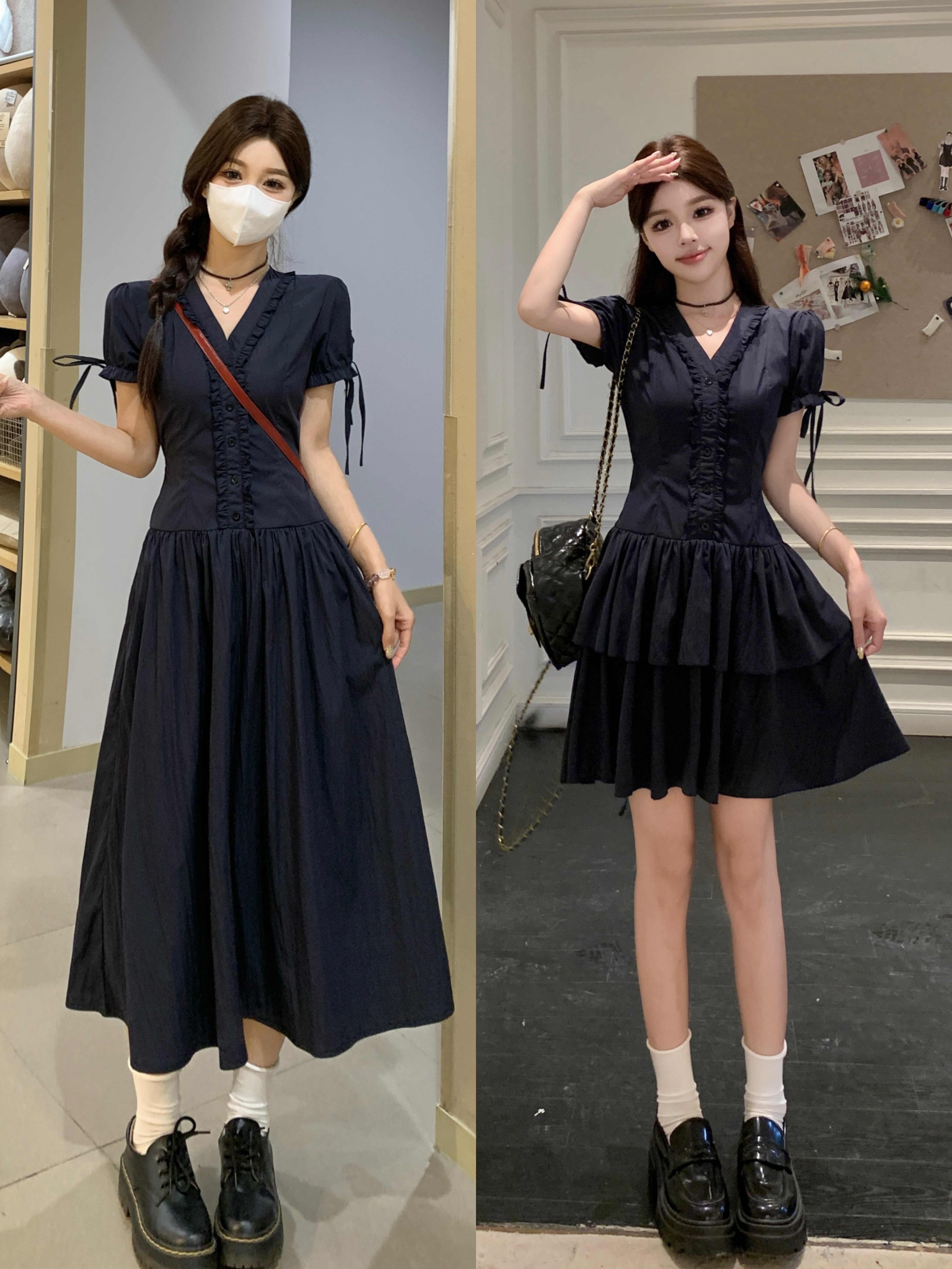 大码夜海辰砂蕾丝花边v领中古短袖连衣裙A字裙显瘦气质高腰裙子女 服裝批發女裝批發服飾貨源