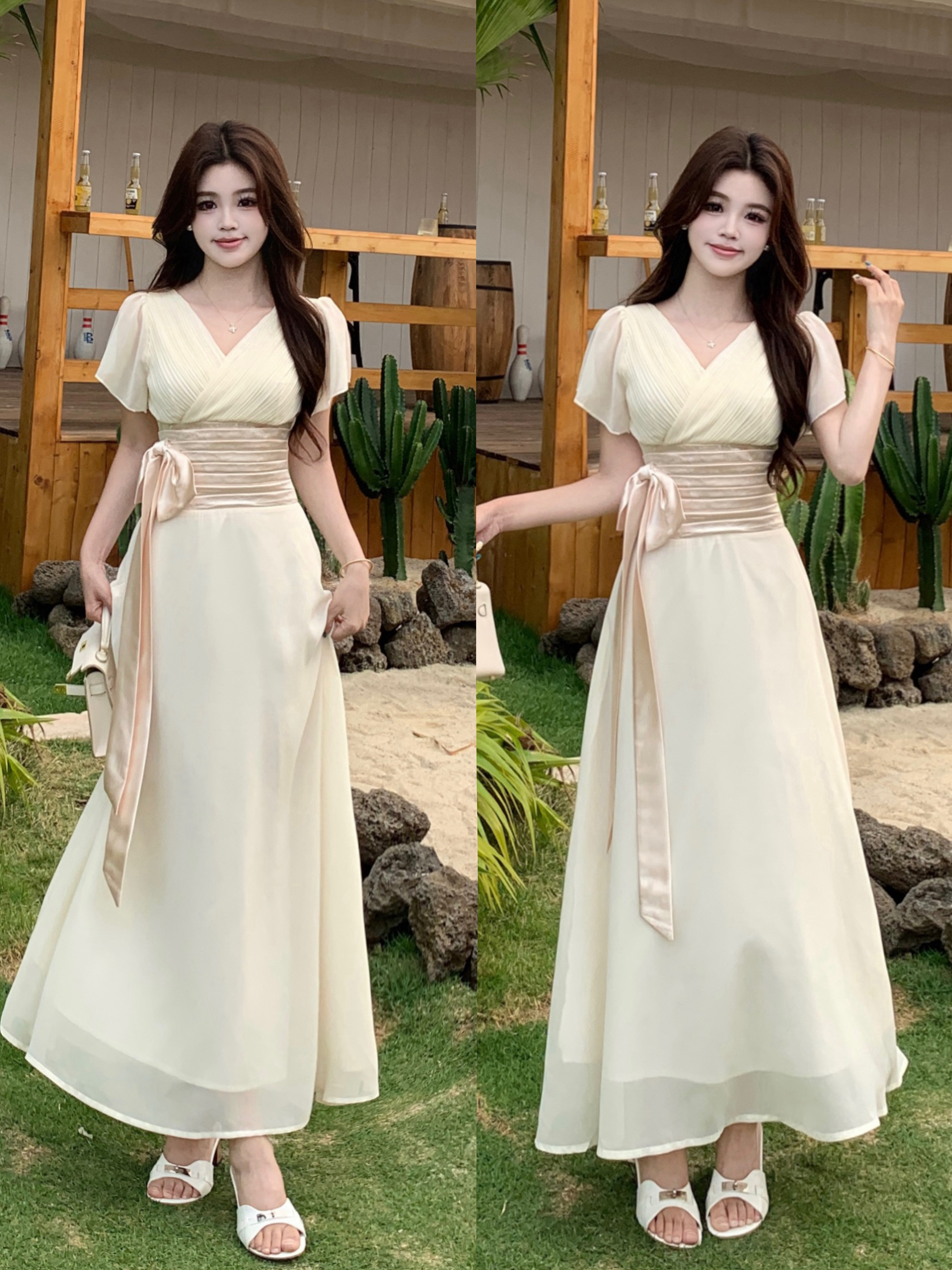 大码夏气质荷叶袖V领连衣裙温柔绑带收腰显瘦雪纺中式裙子女 服裝批發女裝批發服飾貨源