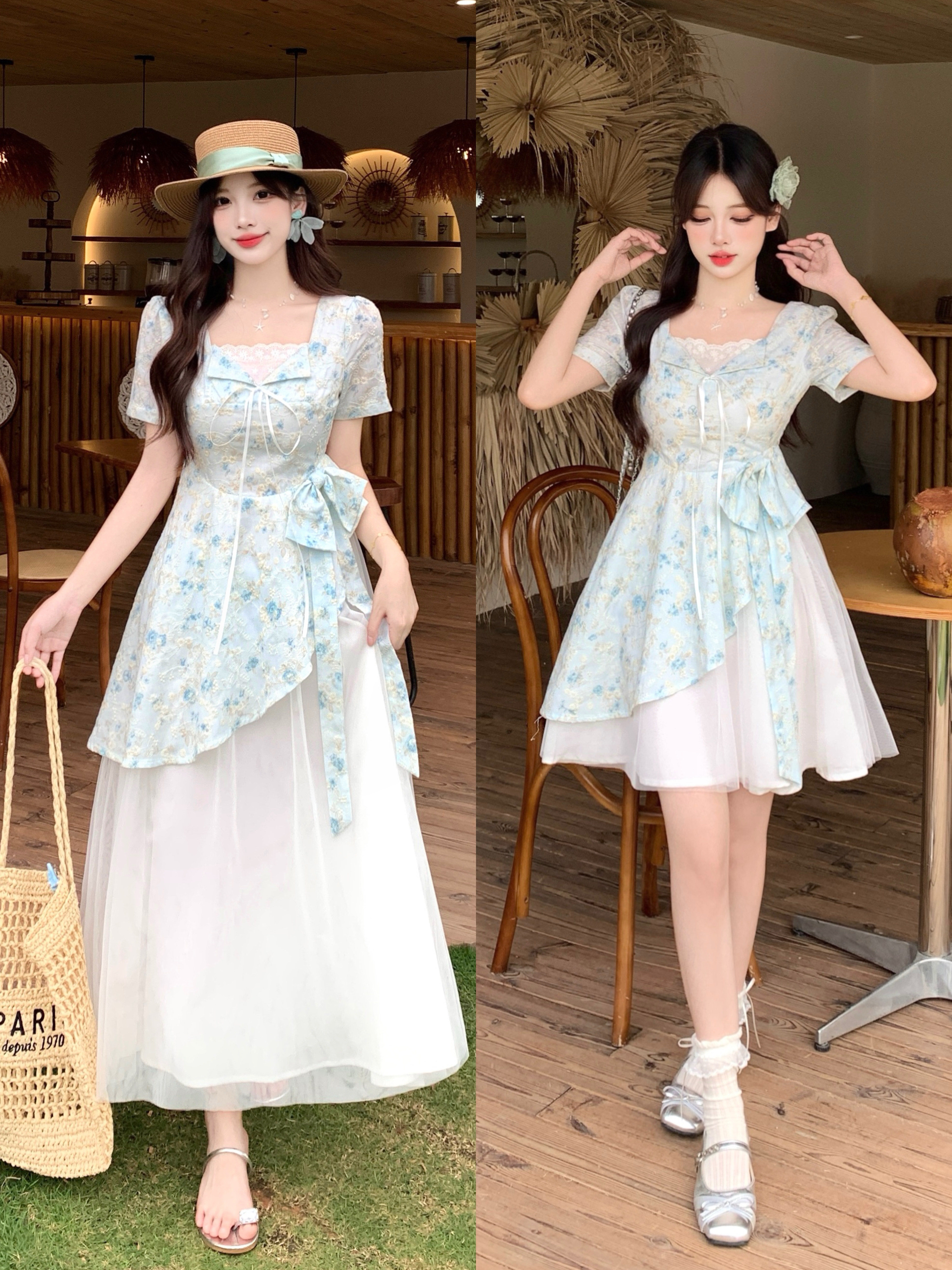 大码清甜一夏微胖mm公主风设计感拼接网纱甜美蝴蝶结连衣裙 服裝批發女裝批發服飾貨源