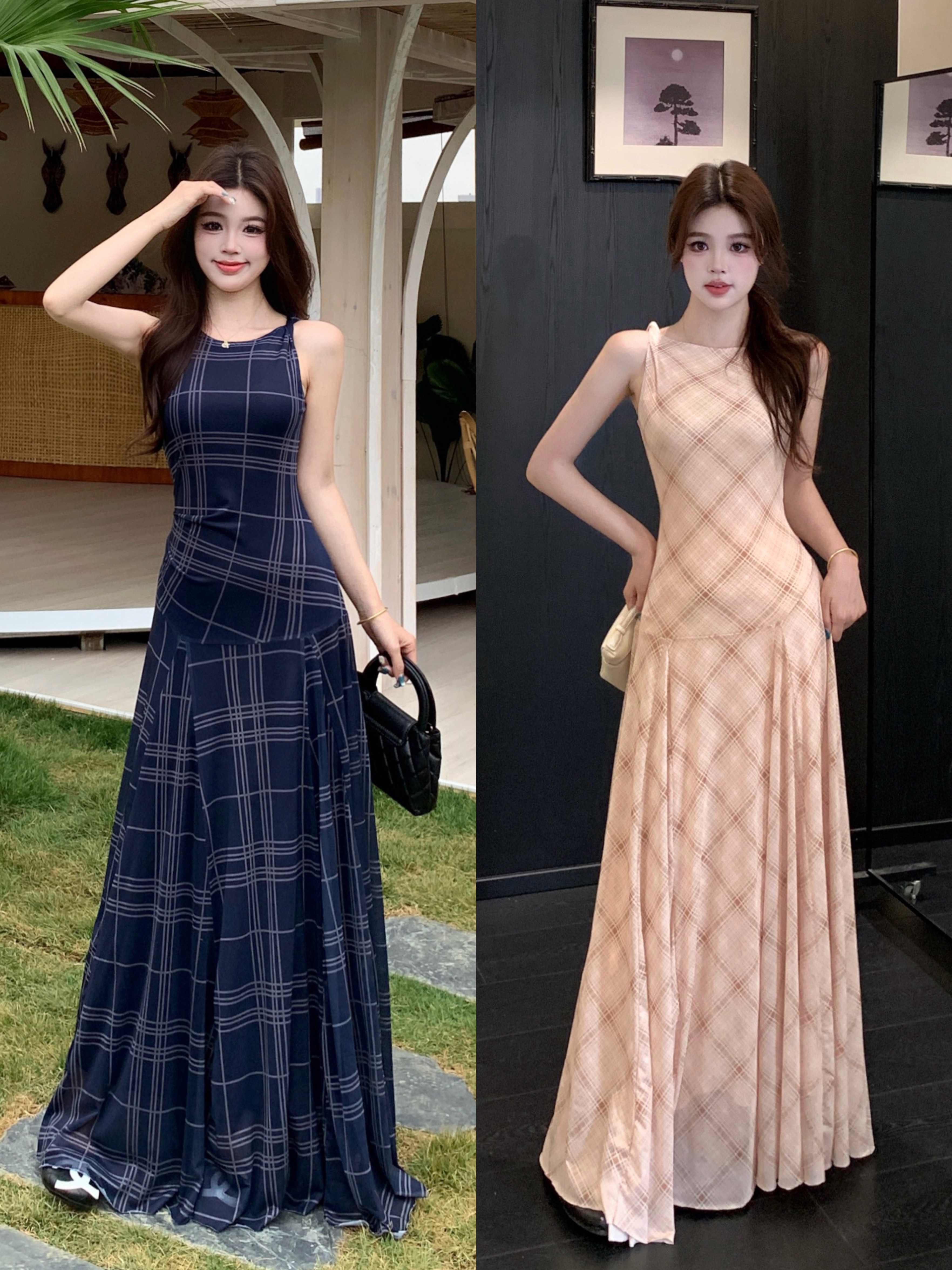 大码微胖格调的艺术感复古感格纹网纱连衣裙女垂感气质长裙女 服裝批發女裝批發服飾貨源