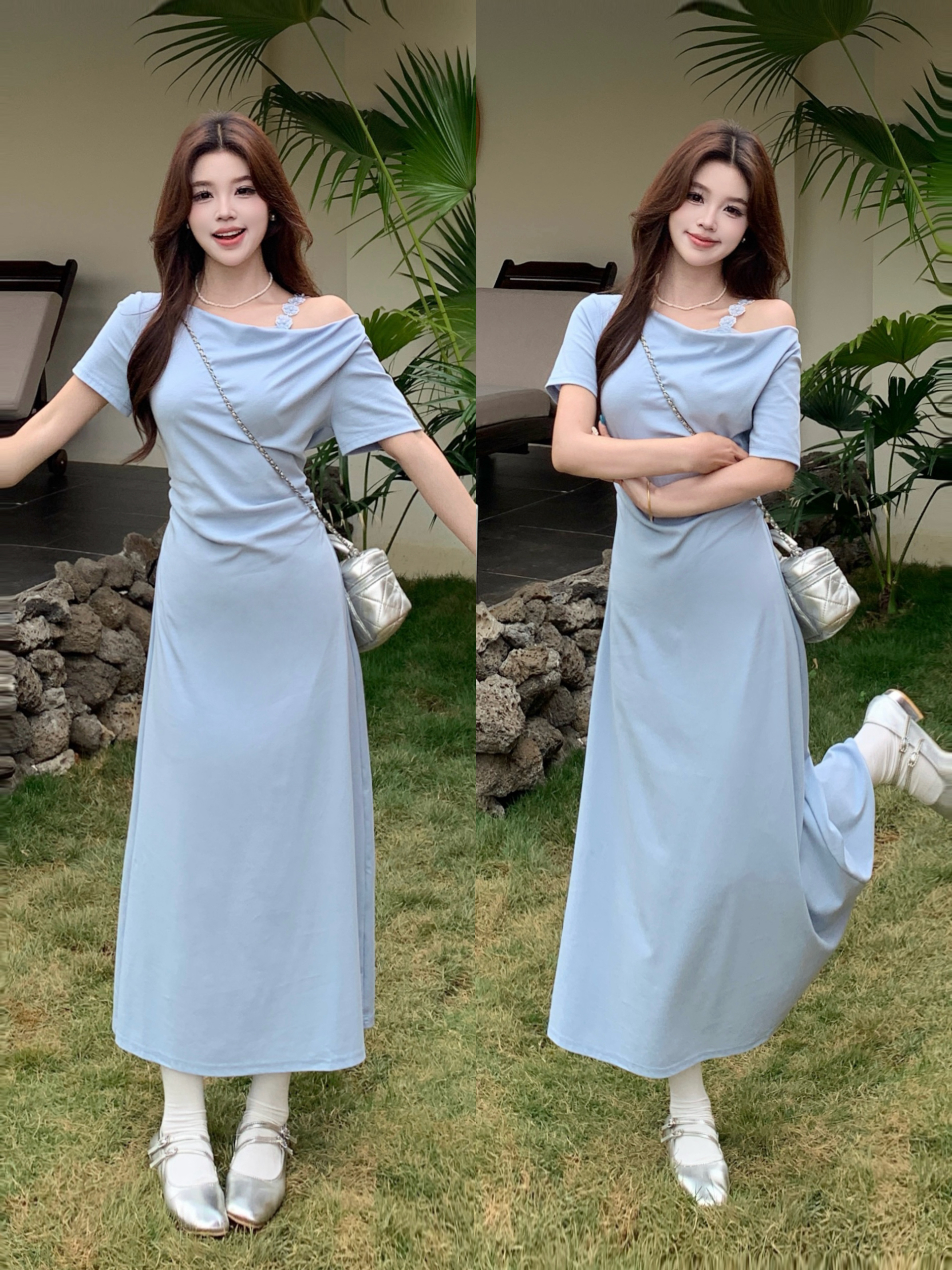 大码爱的序码法式蓝色连衣裙女夏季新款设计感一字肩显白气质长裙 服裝批發女裝批發服飾貨源