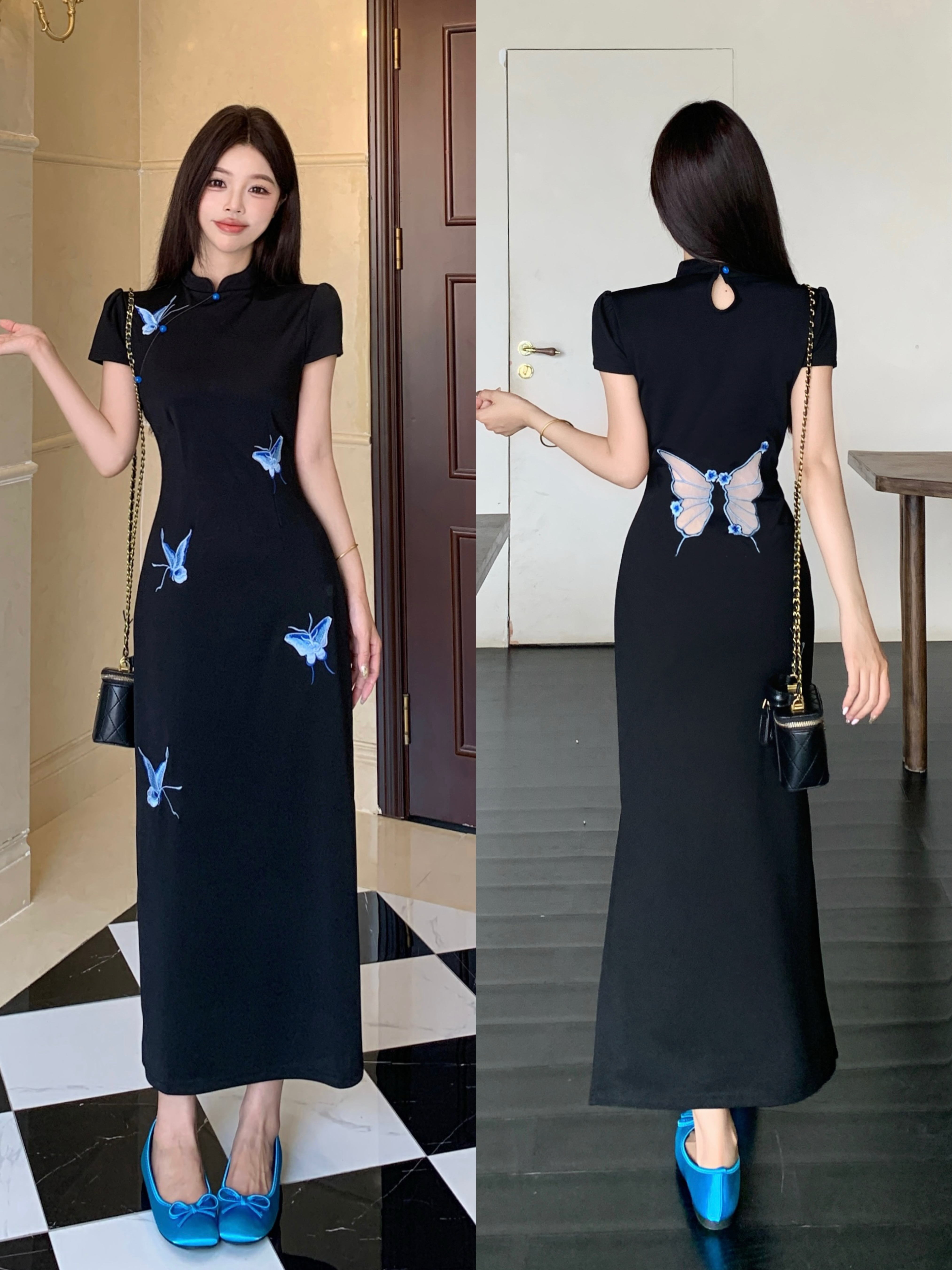 大码露背蝴蝶新中式连衣裙女夏季改良刺绣旗袍年轻款显瘦长裙女 服裝批發女裝批發服飾貨源