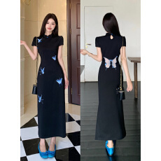 批发大码露背蝴蝶]新中式连衣裙女<b class='q'>夏季</b>改良刺绣<b class='q'>旗袍</b>年轻款显瘦长裙女