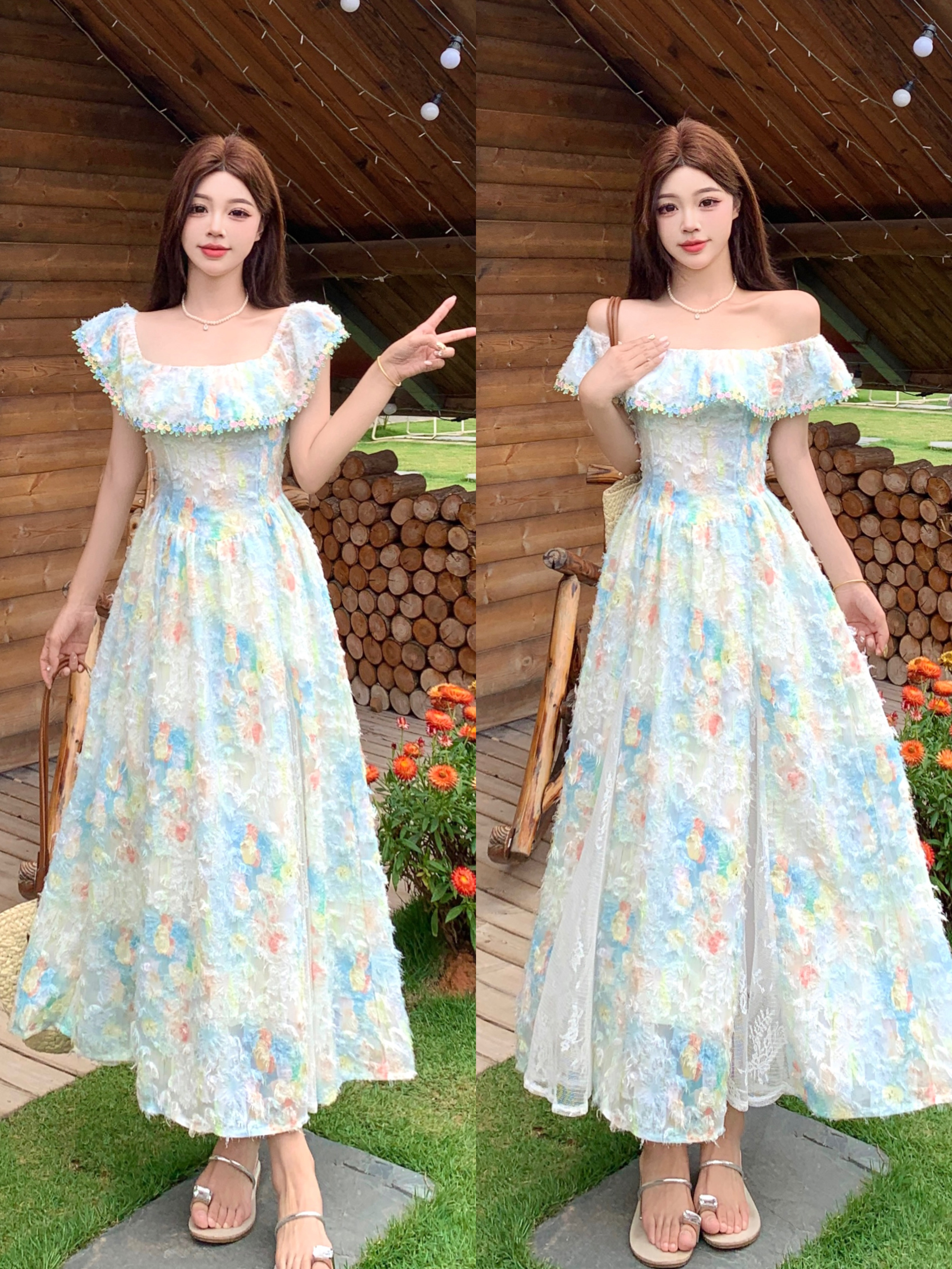 大码法式复古甜美风方领碎花连衣裙夏胖mm显瘦海边度假风收腰长裙 服裝批發女裝批發服飾貨源