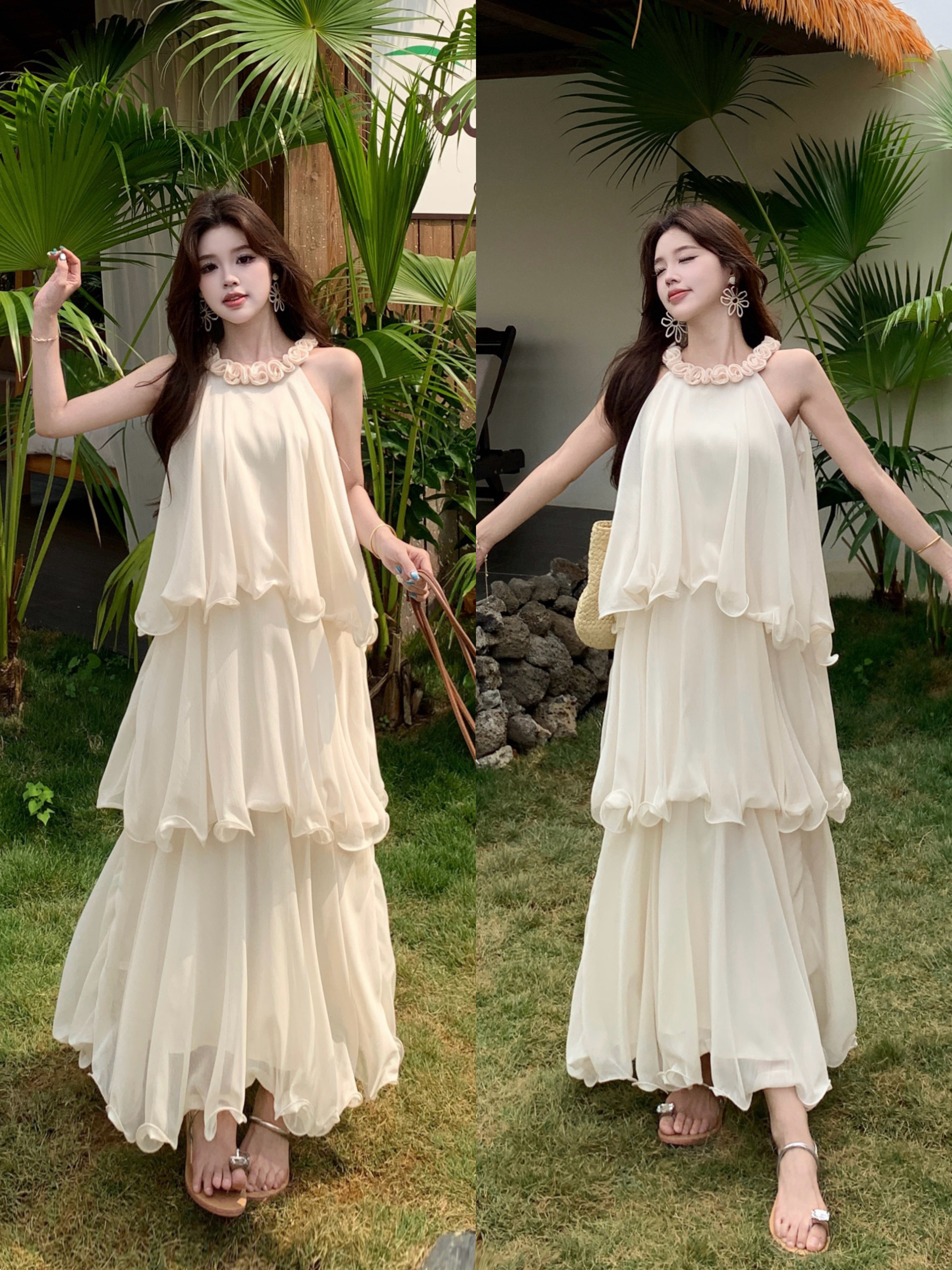 大码法式度假风名媛千金雪纺蛋糕裙气质无袖连衣裙女夏季超仙裙子 服裝批發女裝批發服飾貨源