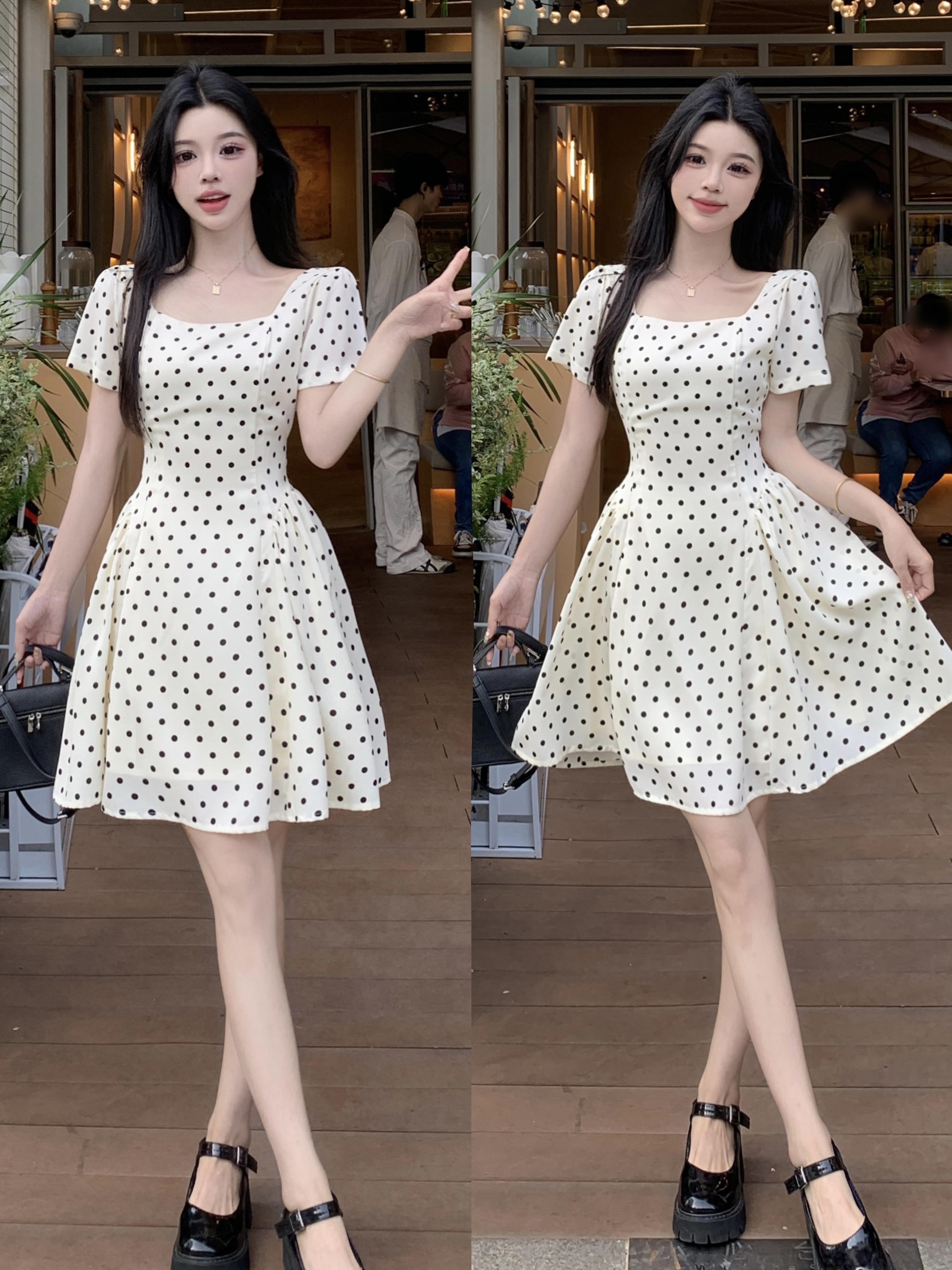 大码气质方领波点连衣裙美人滤镜新款夏季收腰显瘦a字裙女 服裝批發女裝批發服飾貨源