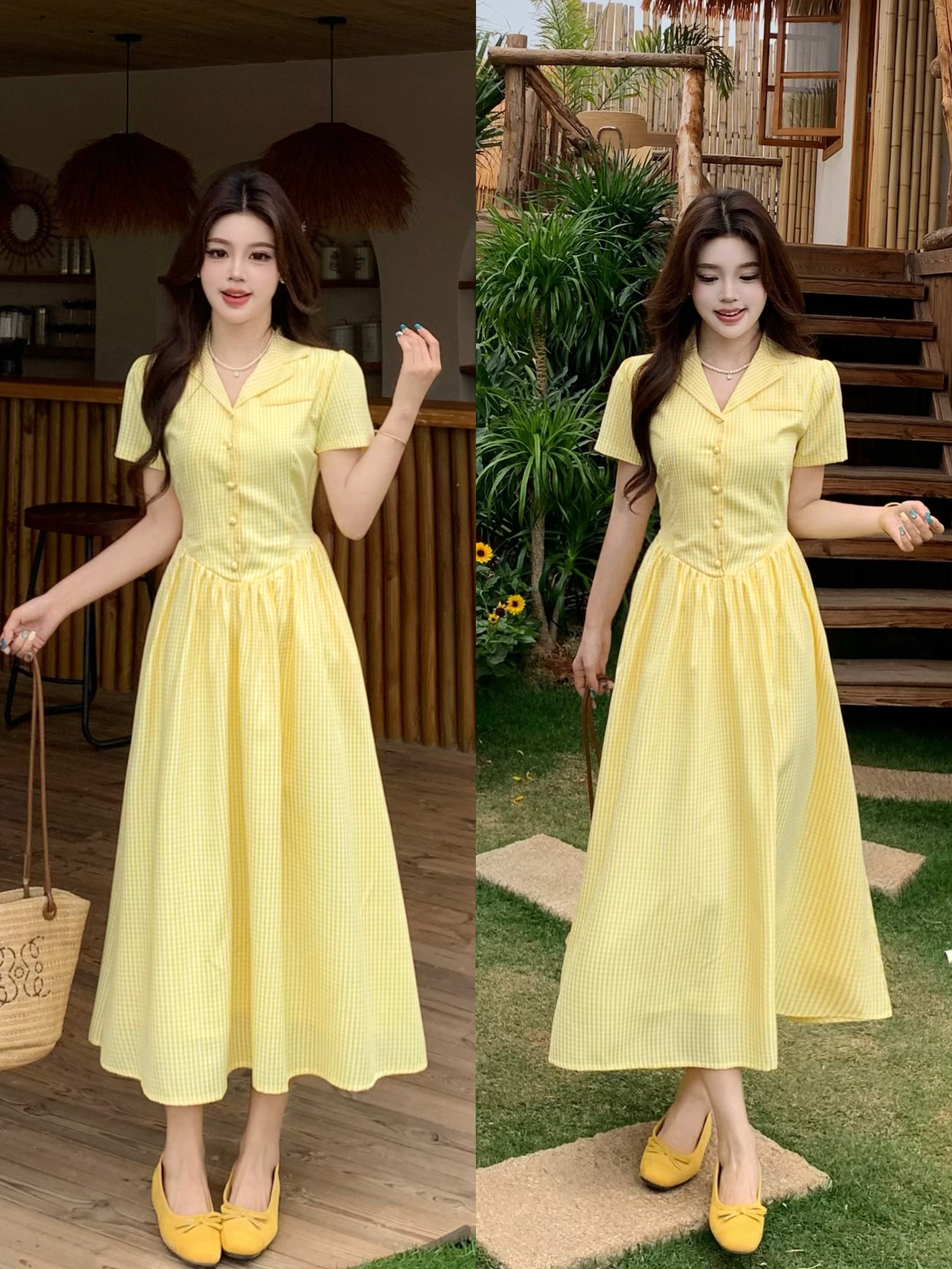 微胖大码女装法式复古风黄色收腰显瘦短袖夏季中长款连衣裙女 服裝批發女裝批發服飾貨源