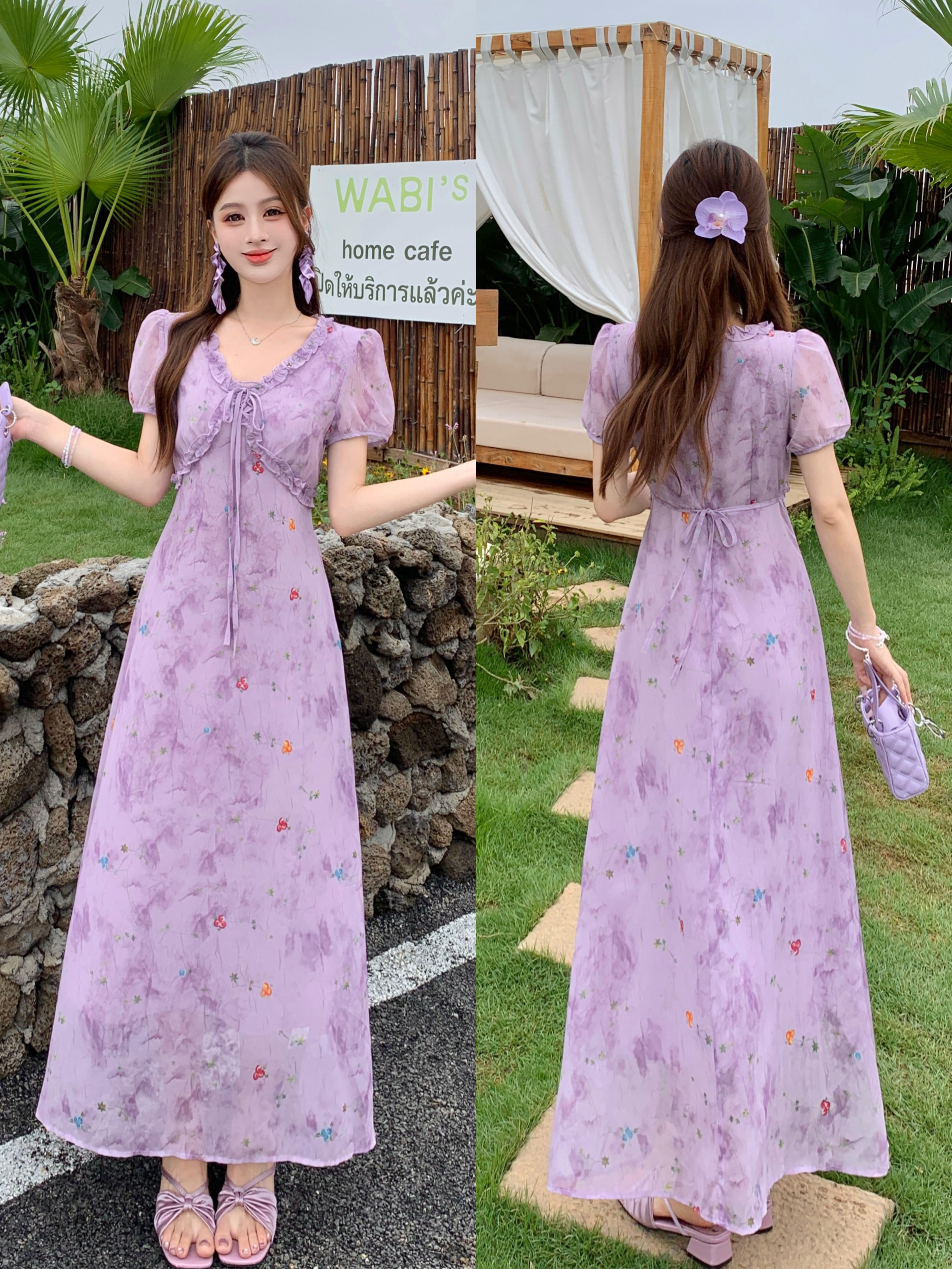 大码仙女超仙晕染碎花连衣裙夏季气质绝美木耳边法式茶歇裙女 服裝批發女裝批發服飾貨源