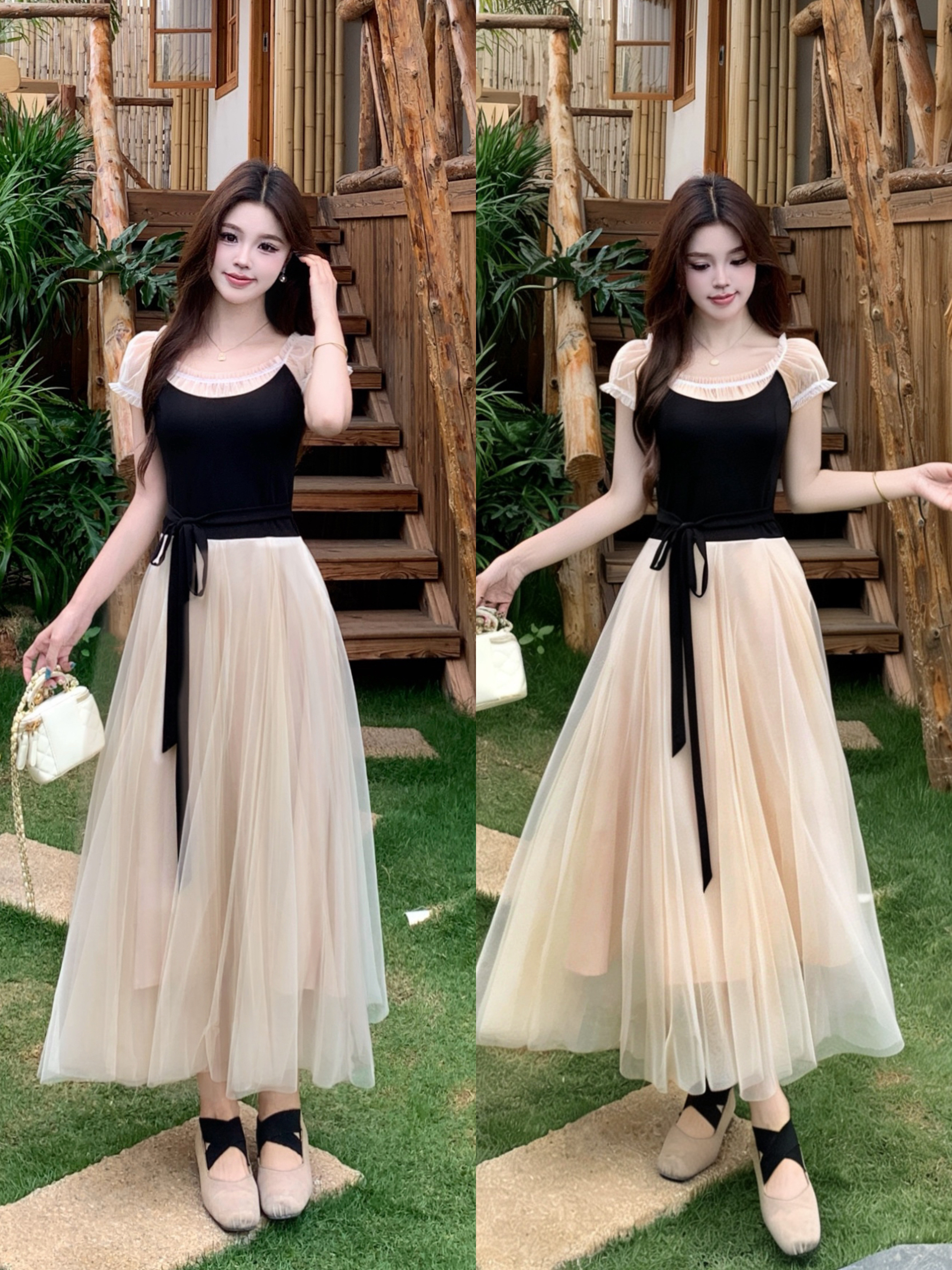 大码天鹅湖芭蕾风温柔风法式气质仙女裙拼接网纱连衣裙长裙女 服裝批發女裝批發服飾貨源