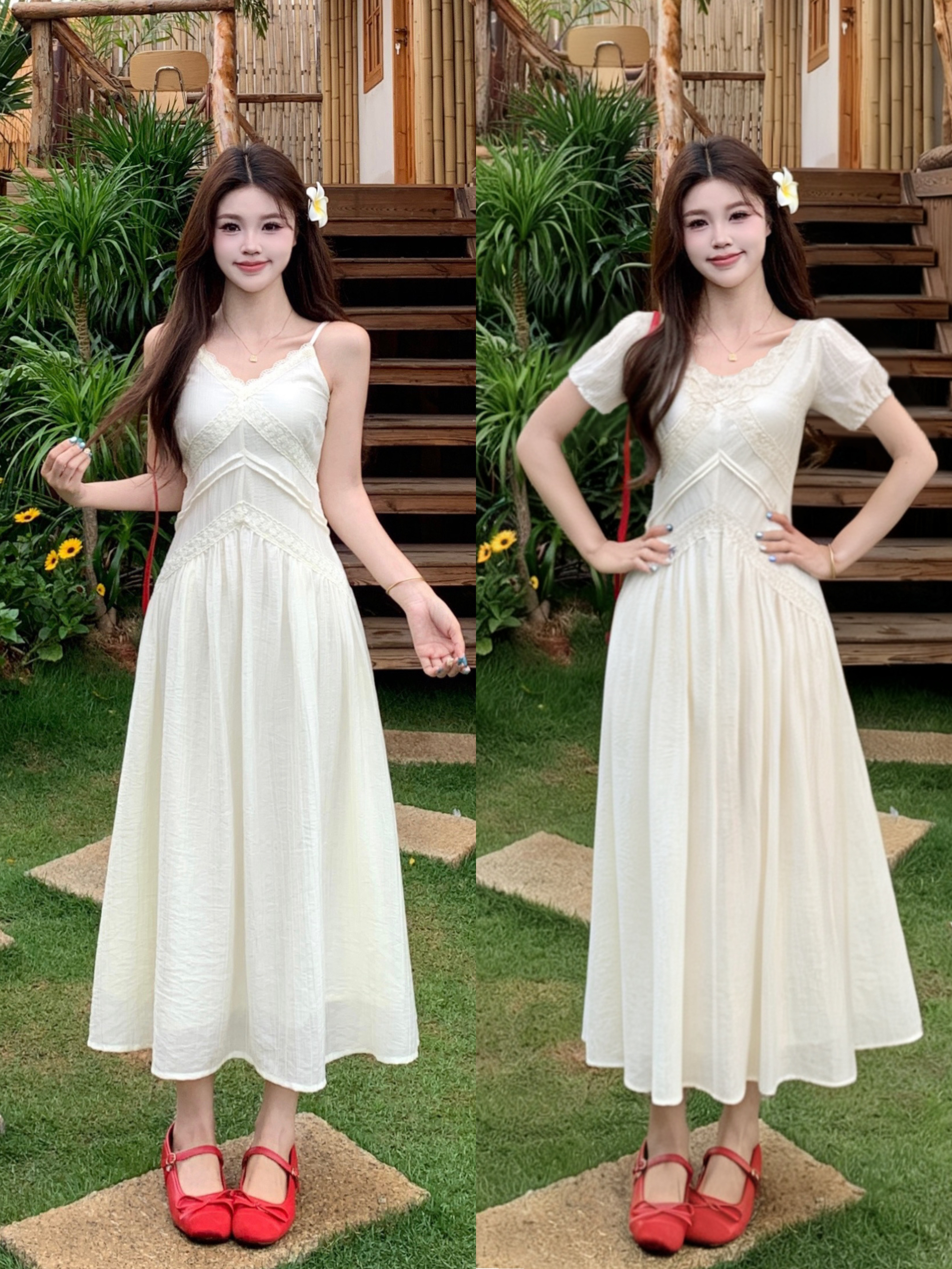 빅 사이즈 26 V넥 허리 수축 슬림해 보이는 살구 안개 치즈 슬립 반팔 드레스 아름다운 꼬집기 허리 외국 가스 빛 럭셔리 치마