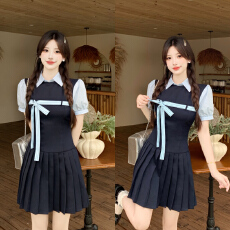 批发大码甜美韩系假两件学院风miu系<b class='q'>连衣裙</b>高智百褶短裙设计感<b class='q'>连衣裙</b>
