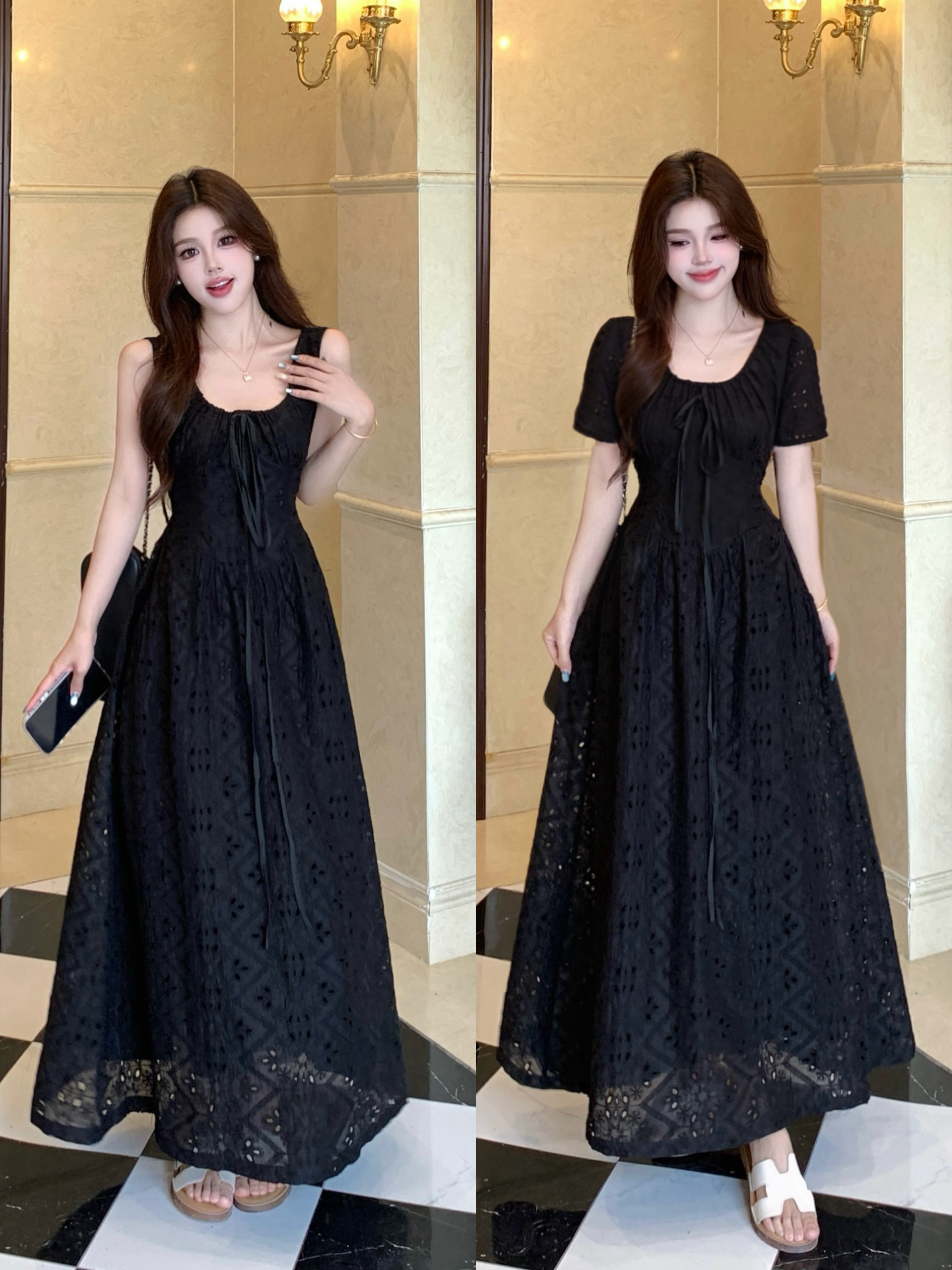 빅 사이즈 프랑스식 레트로 그는 벤 바람 검정색 꽃무늬 슬립 길다 치마 펌프 Pleat 허리 수축 슬림해 보이는 큰 진자 여성 드레스
