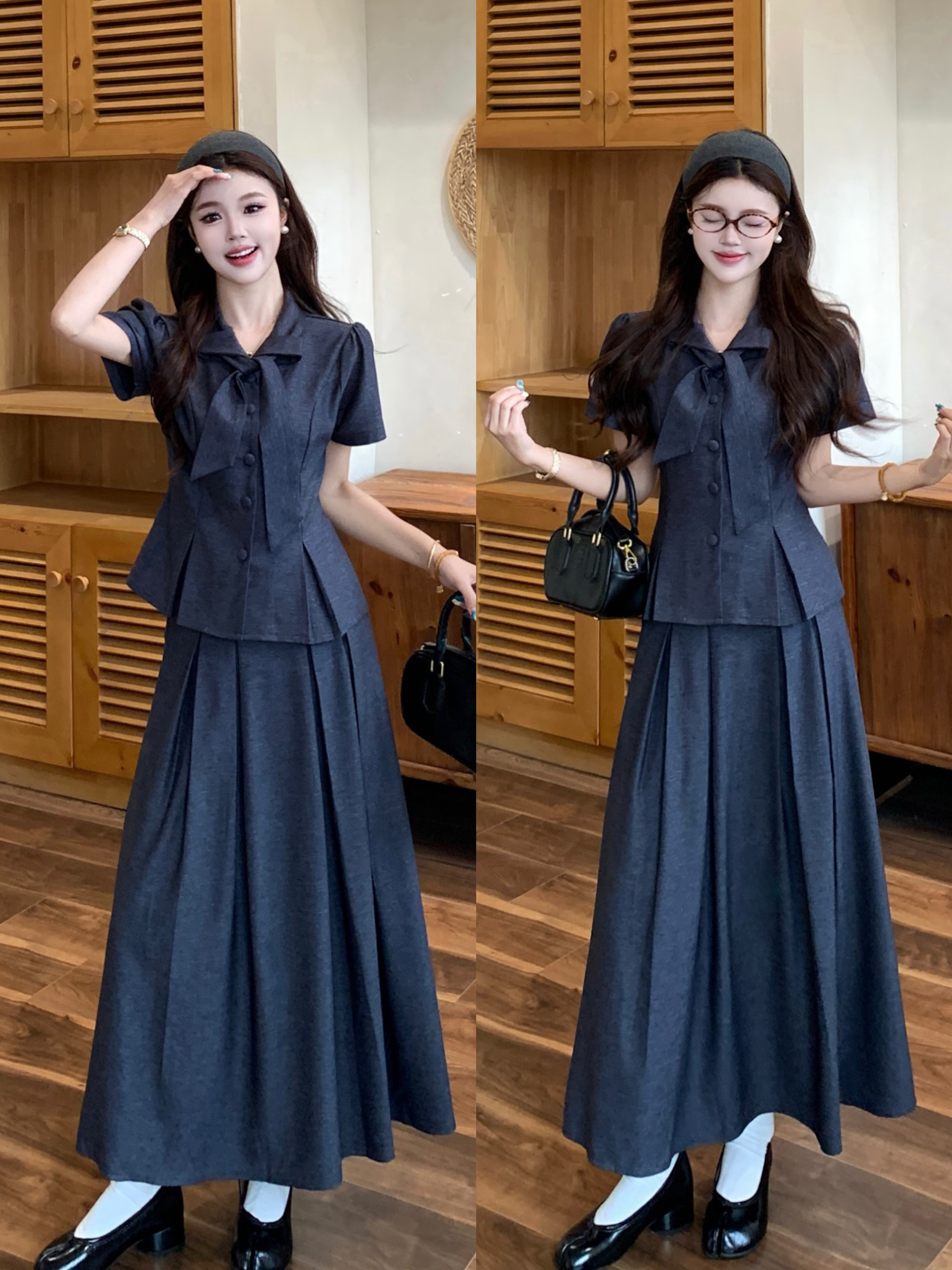 빅 사이즈 26 마이크로 지방 여자 이름 학원 여름 높음 지혜 학원 스타일 나비 매듭 셔츠 반신 스커트 허리 수축 슬림해 보이는 세트