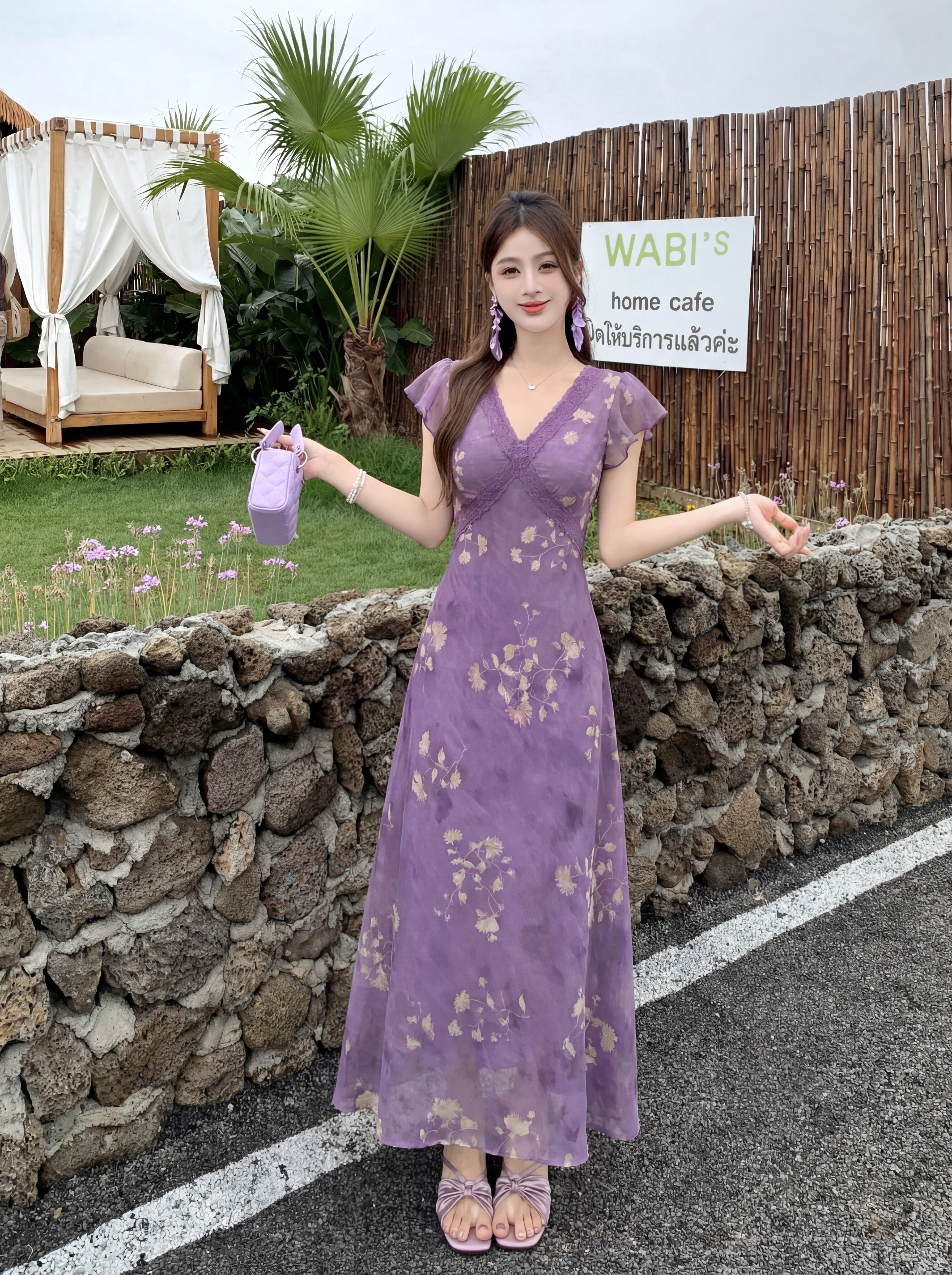 RY3915# 大码暮紫花庭法式紫色碎花小飞袖连衣裙蕾丝显瘦气质氛围感长裙女