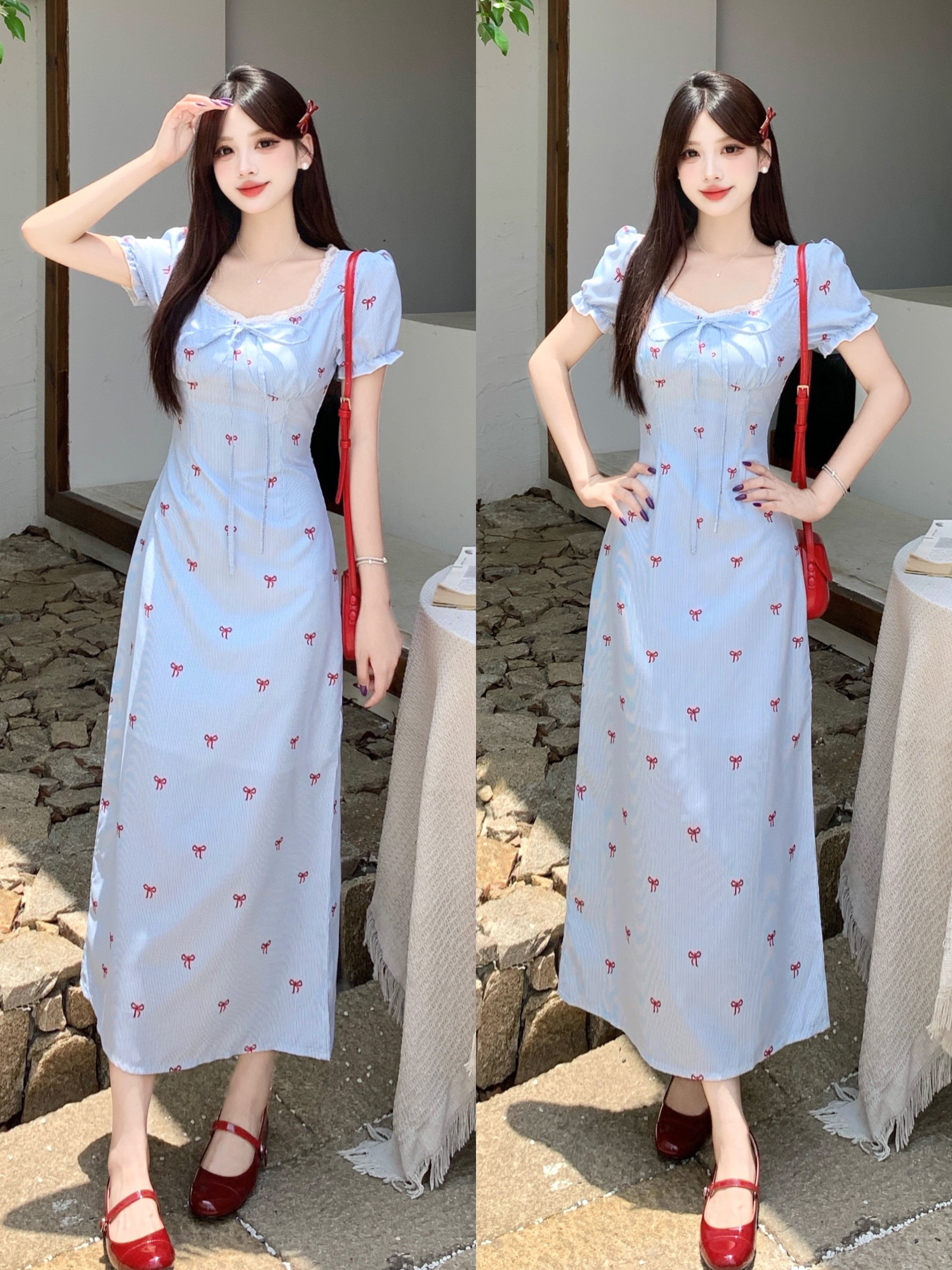 RY3916# 大码喜欢请响铃条纹气质夏季韩系小清新蝴蝶结泡泡袖花边连衣裙女