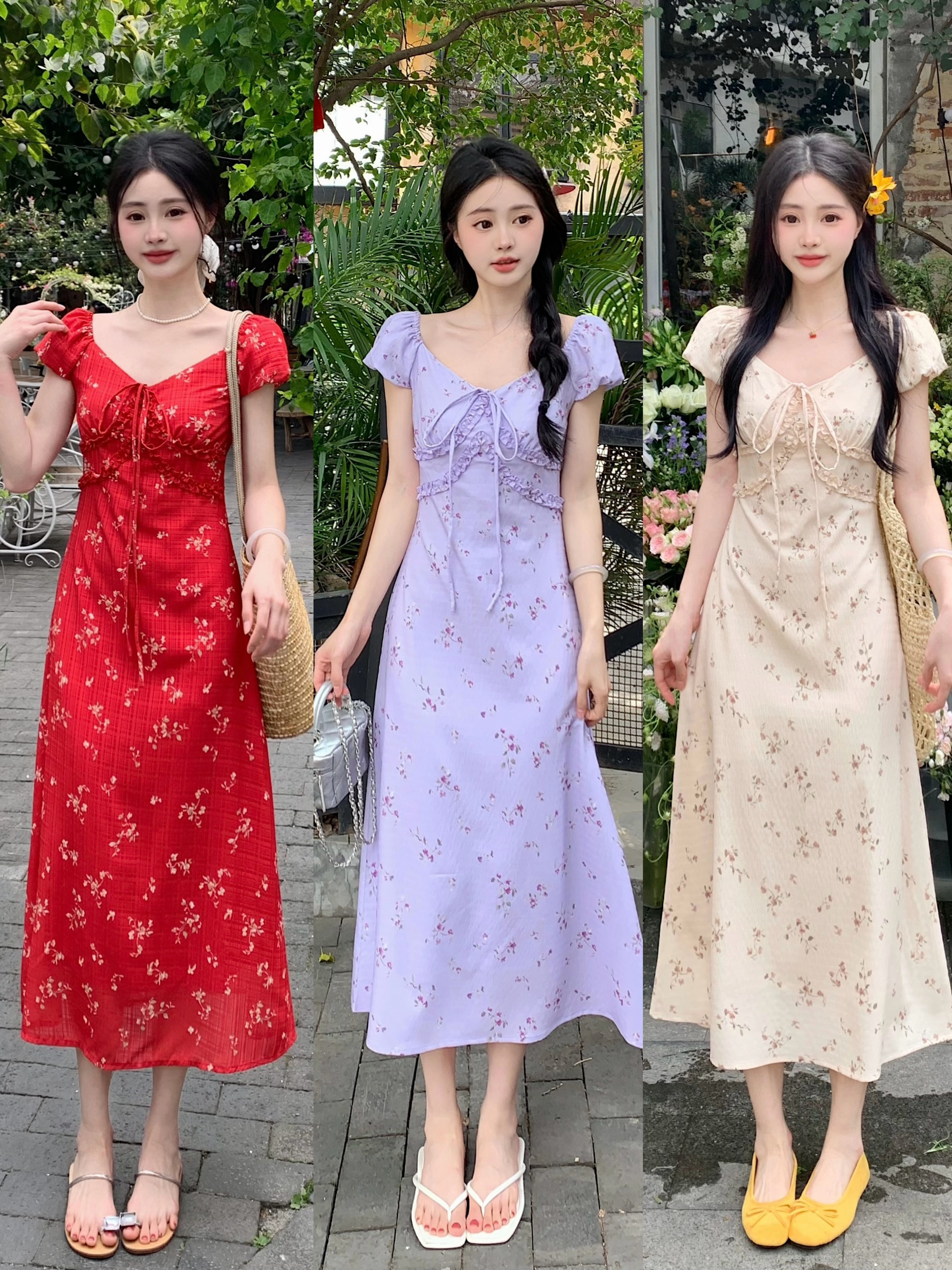 RY3914# 大码法式绝美V领碎花连衣裙女2026夏季气质收腰长裙茶歇裙度假裙