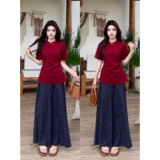 批发<b class='q'>大码</b>2026夏南国新中式国风气质红色上衣+藏青色刺绣爱心裤子套装