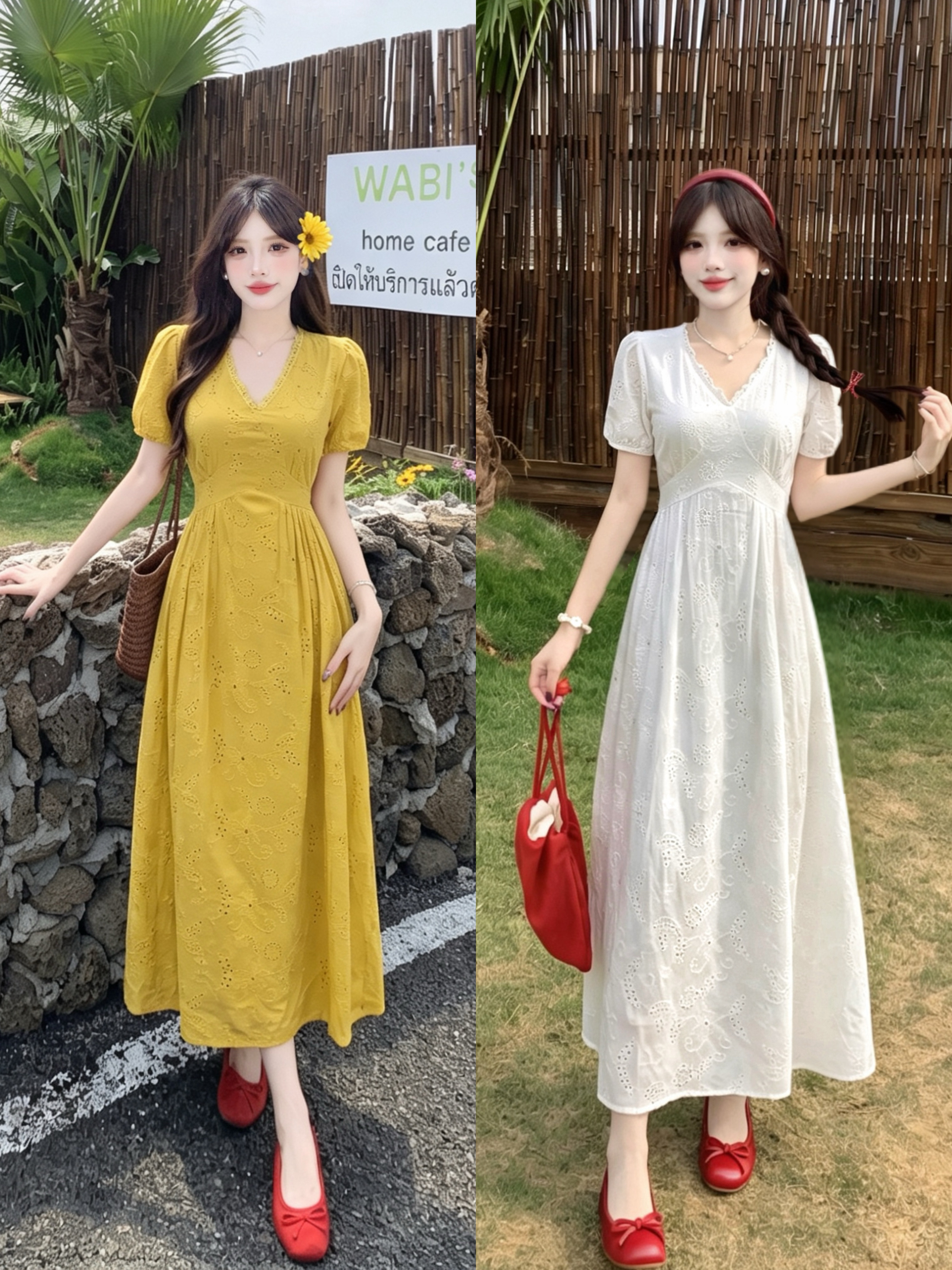 RY3913# 大码2026夏季阳光女孩V领刺绣镂空花花海边度假气质高腰连衣裙女