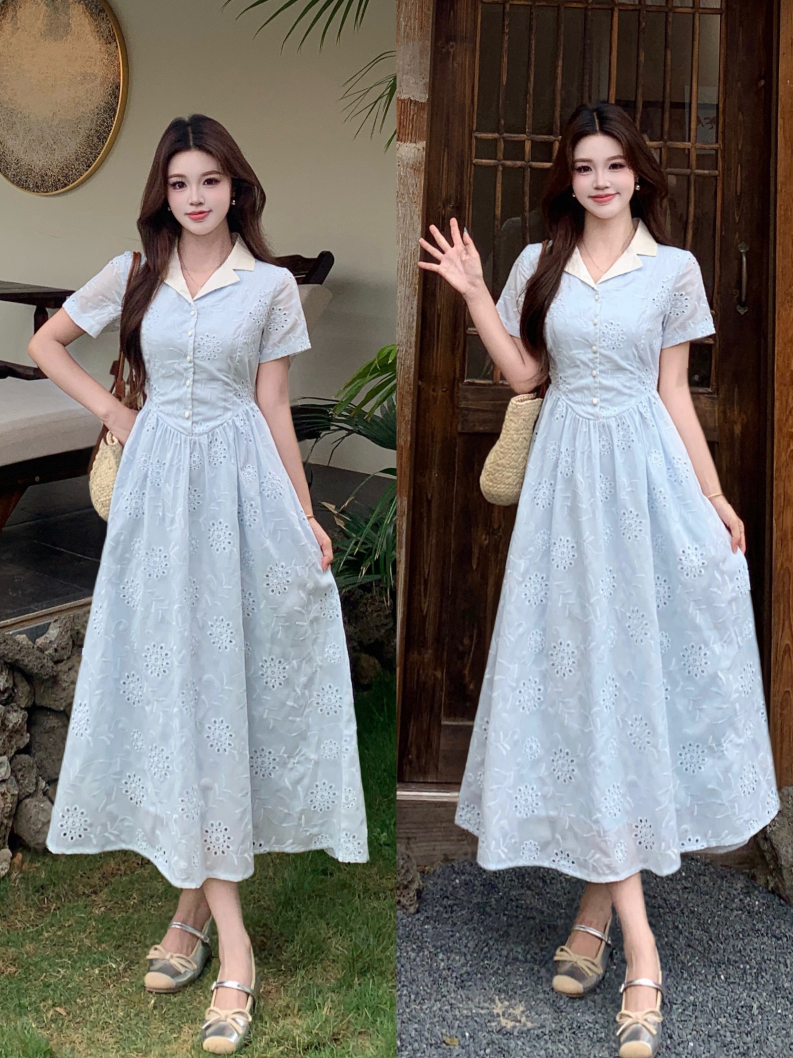 빅 사이즈 프랑스식 부드러운 바람 파란색 꽃무늬 허리 수축 반팔 여름 롱 코트 우아함 달콤함 전원 패션 드레스