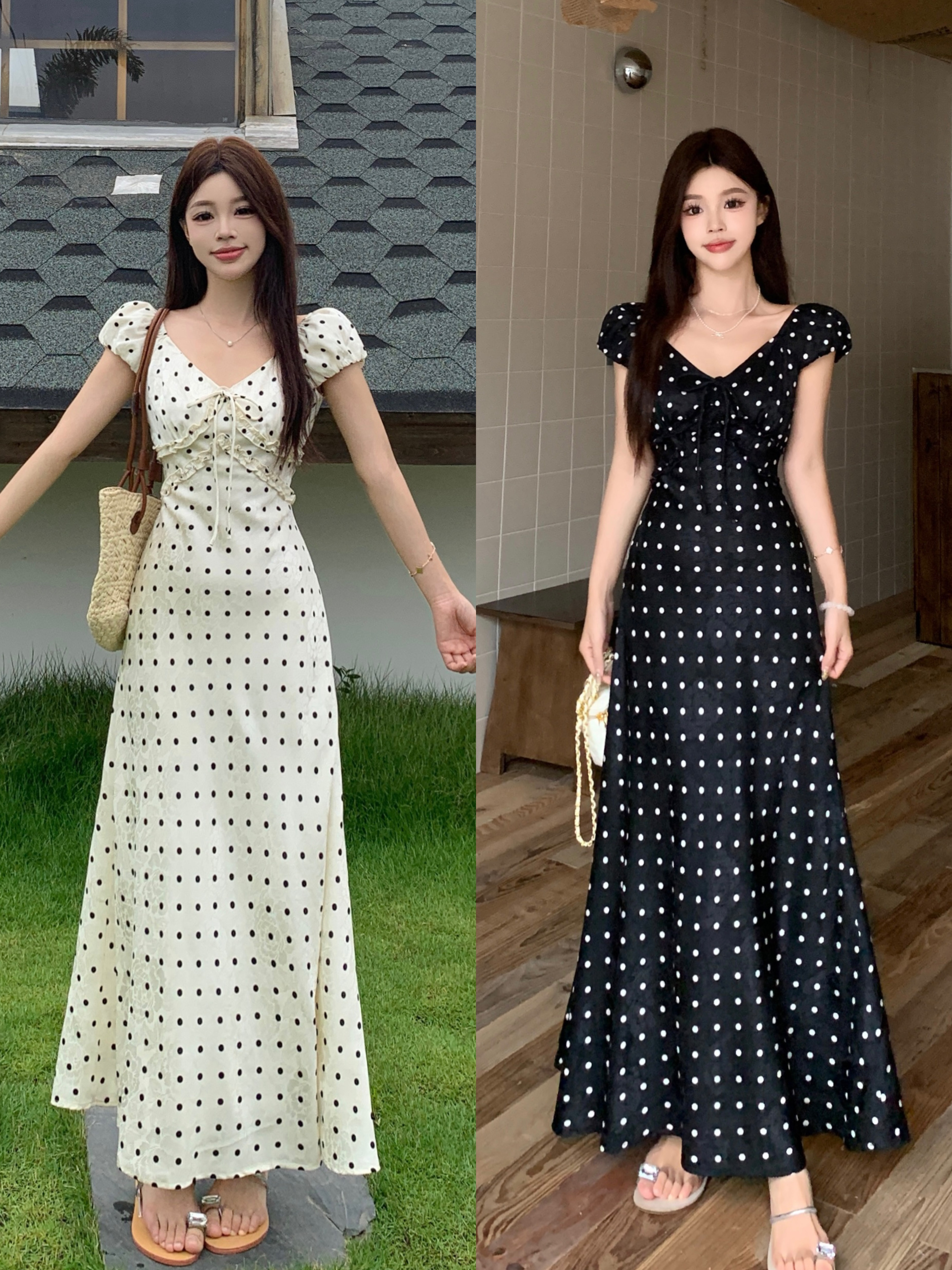빅 사이즈 휴가 바람 디자인 센스 단색 프랑스식 도트 무늬 작은 날다 소매 여성 드레스 여름 허리 수축 슬림해 보이는 A라인 스커트