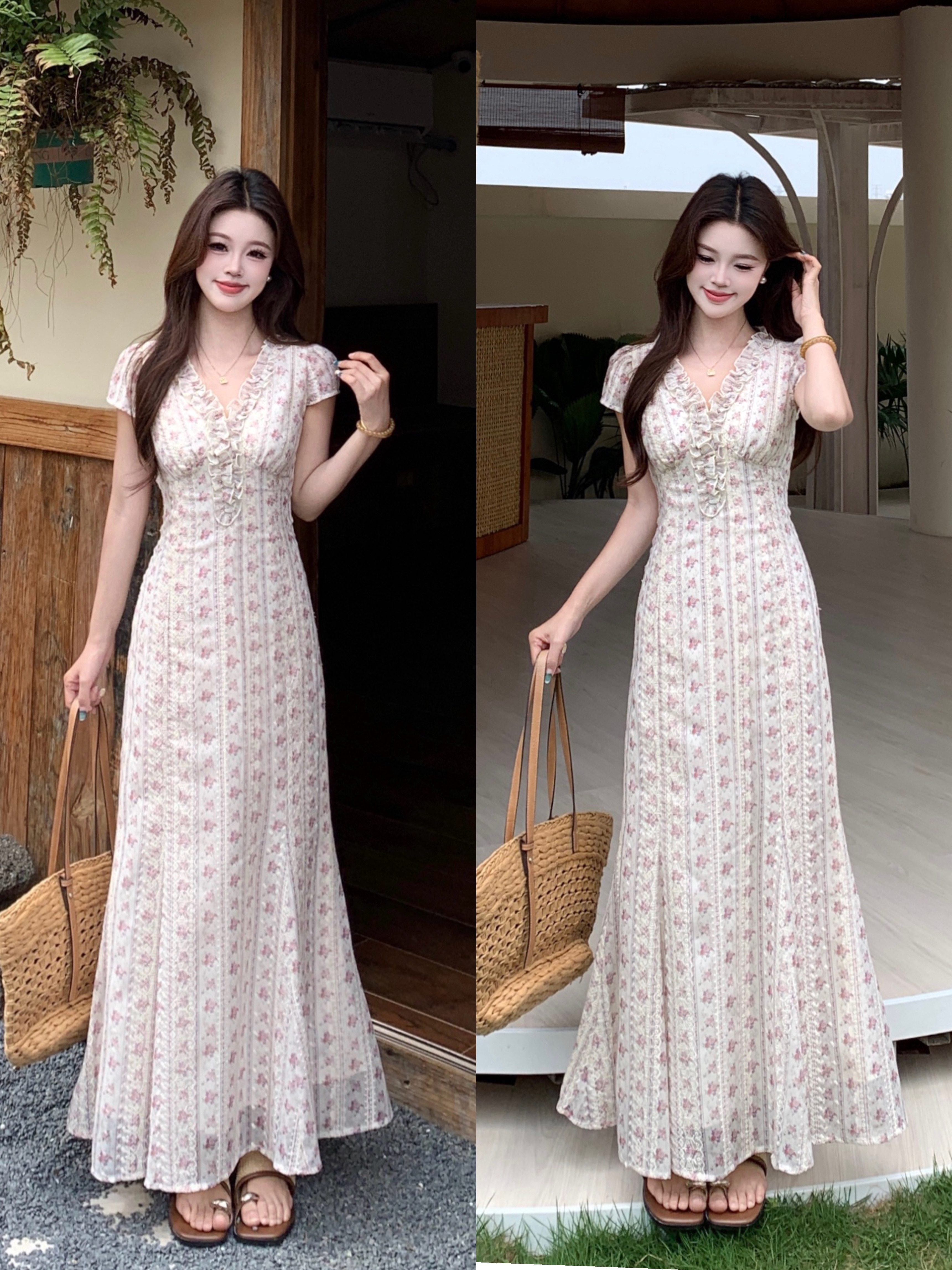 빅 사이즈 달콤한 안개 꽃 리플 레트로 V넥 자수 꽃무늬 여성 드레스 품격 고급 몸매 가꾸기 슬림해 보이는 프랑스식 롱 스커트