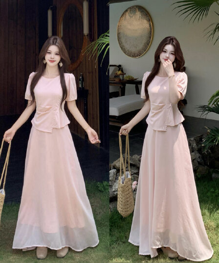 빅 사이즈 마이크로 지방 mm 뮤즈 치마 한 부서 페이크 레이어드 드레스 부드러운 롱 스커트 여성 여름 품격 핑크색 드레스