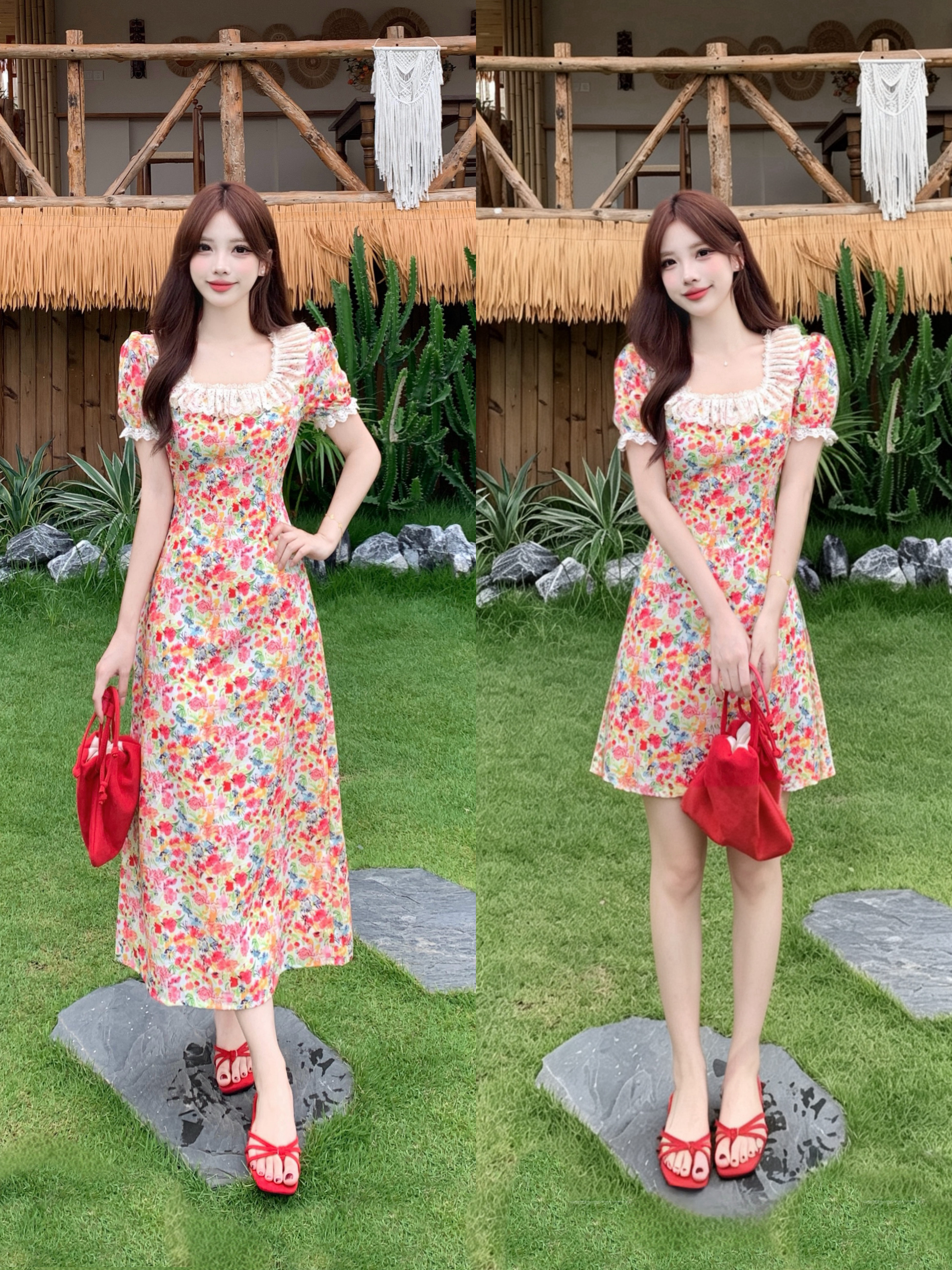 빅 사이즈 반 고흐 유화 프랑스식 광장 칼라 꽃무늬 여성 드레스 여름 레이스 허리 수축 슬림해 보이는 차 휴식 롱 스커트 여성