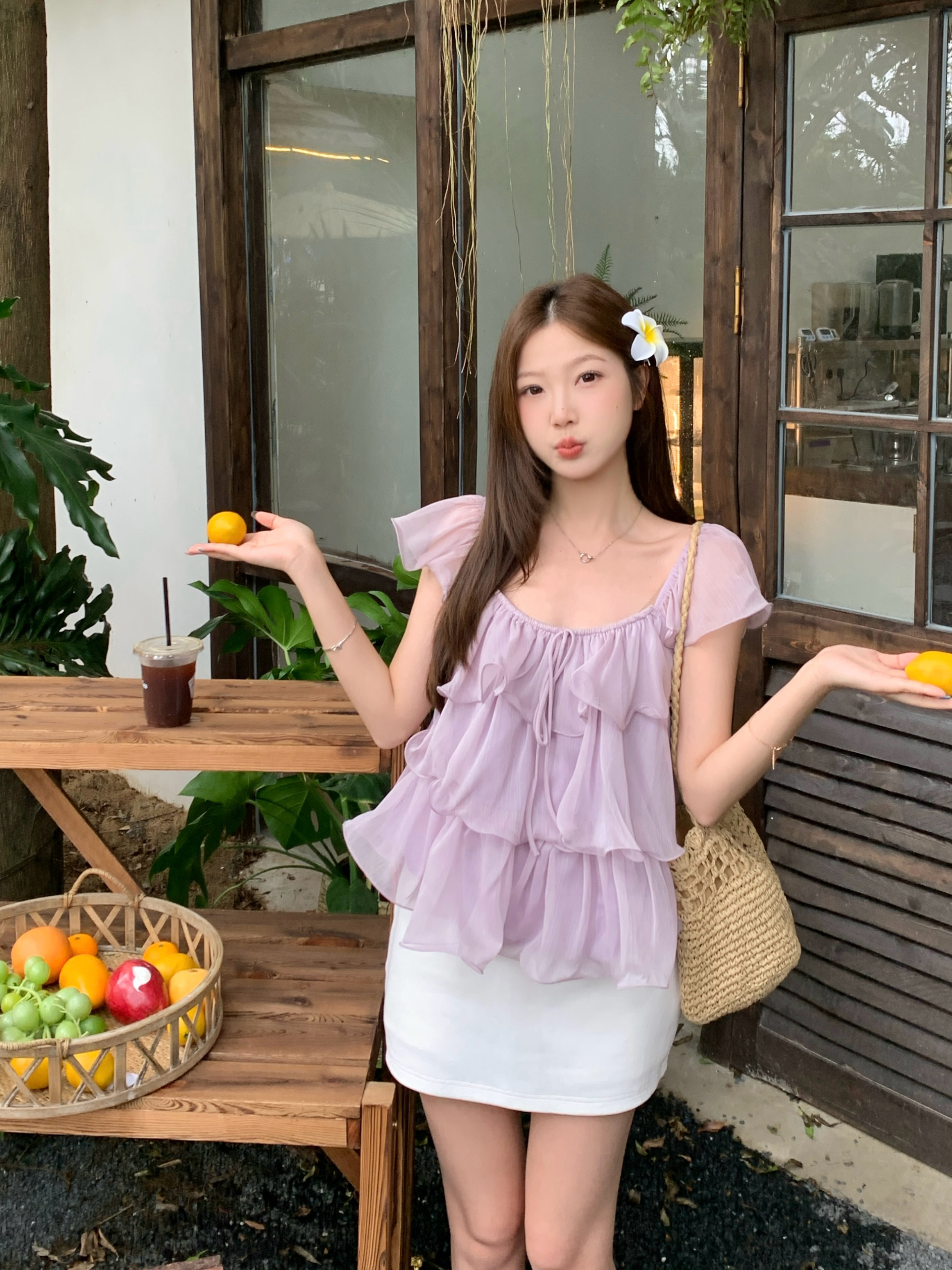 빅 사이즈 여름 달콤함 신선함 바람 광장 칼라 보라색 프릴 작은 날다 소매 쇼트 스타일 프랑스식 맨위 한 부서 부드러운 맨위