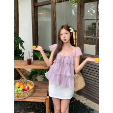 批发大码夏甜美清新风方领紫色荷叶边小飞袖短款法式上衣韩系温柔上衣