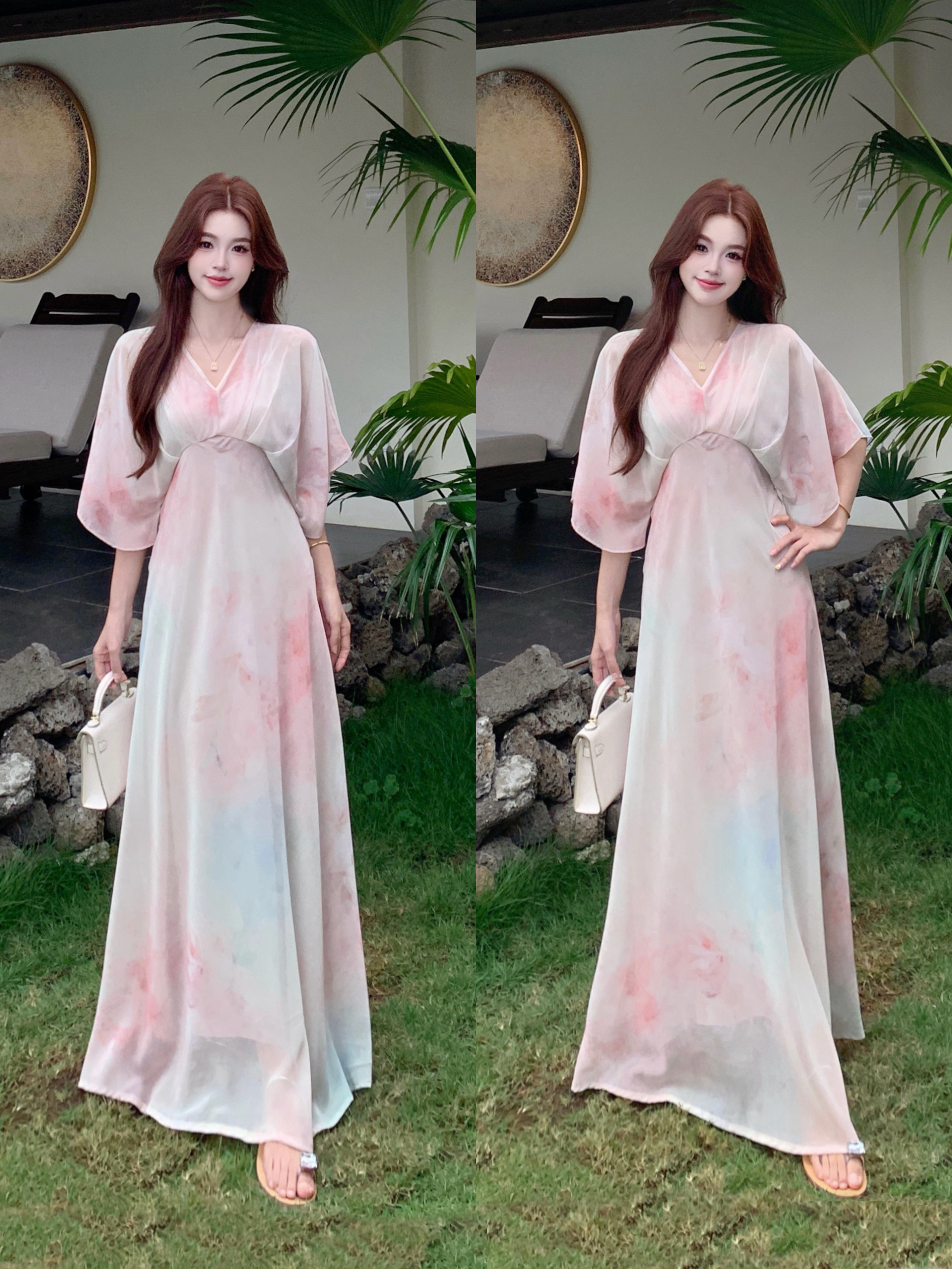 빅 사이즈 레트로 프랑스식 쉬폰 얇고 가벼운 작은 날다 소매 색상 꽃 품격 슬림해 보이는 드레스 V넥 헤일로 염색 프린트 롱 스커트