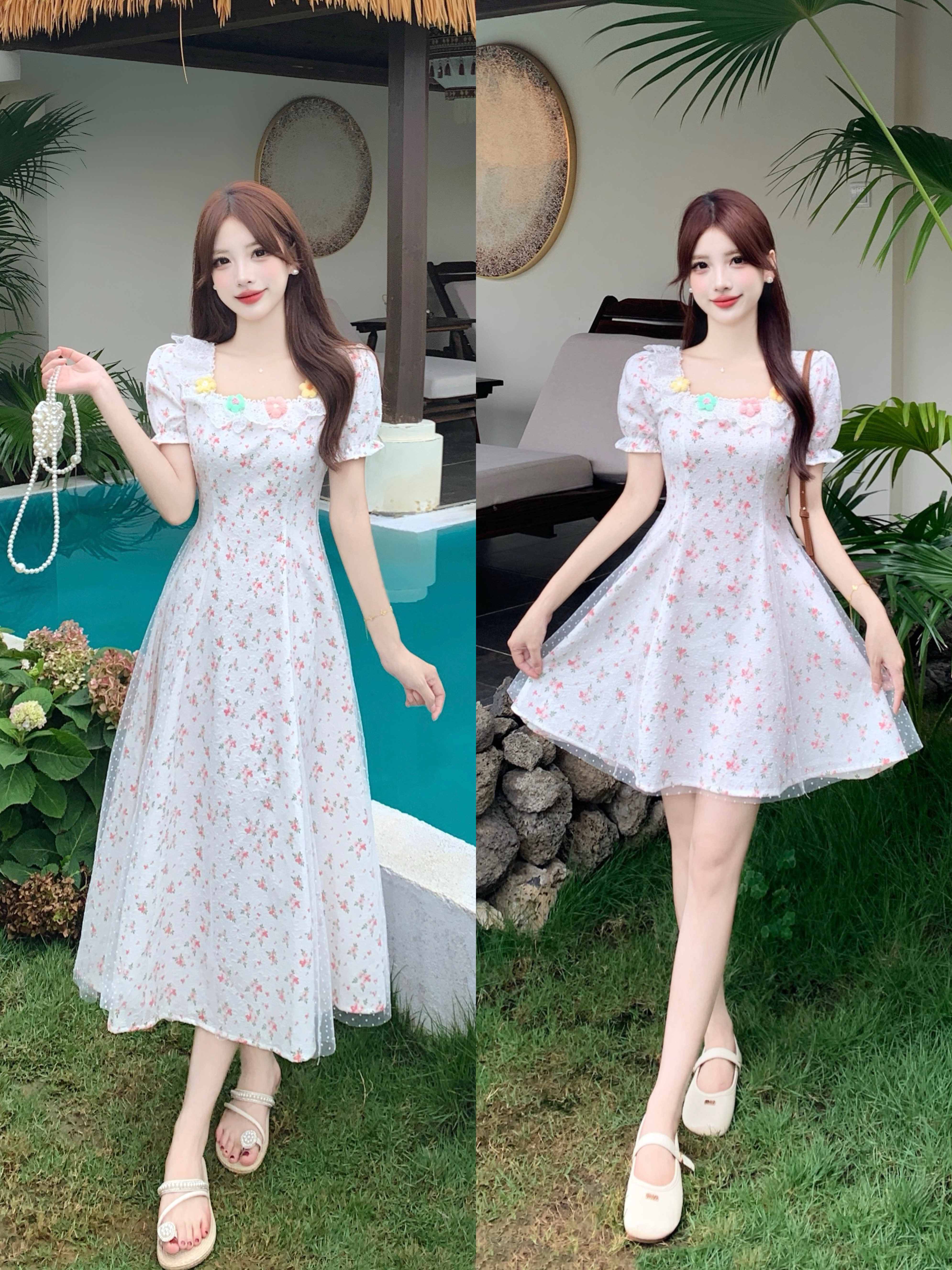 빅 사이즈 벚꽃 소녀 달콤한 스타일 스퀘어 입 칼라 여름 여성 핑크색 레이스 꽃무늬 거품 소매 허리 수축 슬림해 보이는 드레스