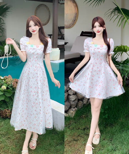 빅 사이즈 벚꽃 소녀 달콤한 스타일 스퀘어 입 칼라 여름 여성 핑크색 레이스 꽃무늬 거품 소매 허리 수축 슬림해 보이는 드레스