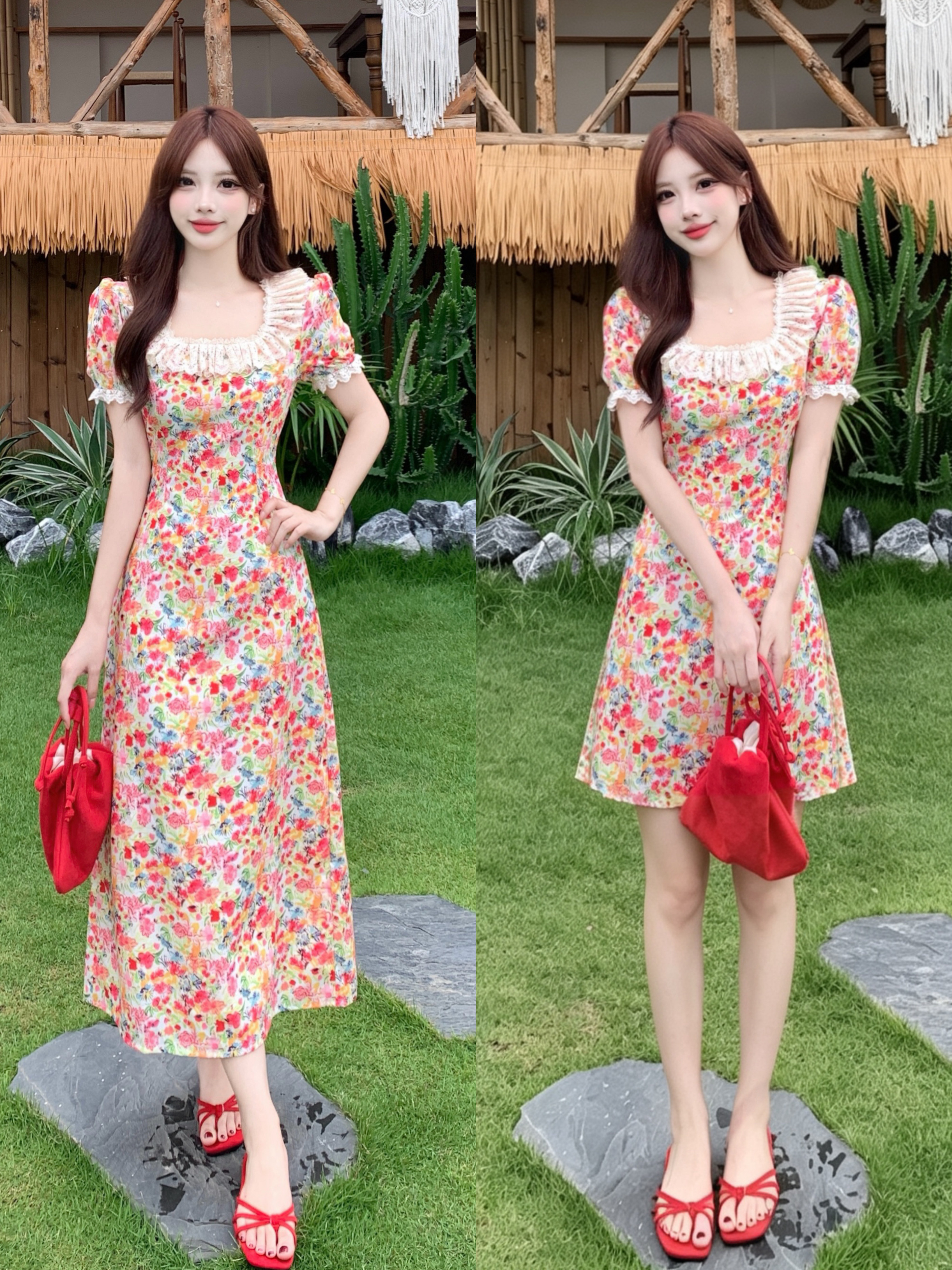 빅 사이즈 반 고흐 유화 프랑스식 광장 칼라 꽃무늬 여성 드레스 여름 레이스 허리 수축 슬림해 보이는 차 휴식 롱 스커트 여성