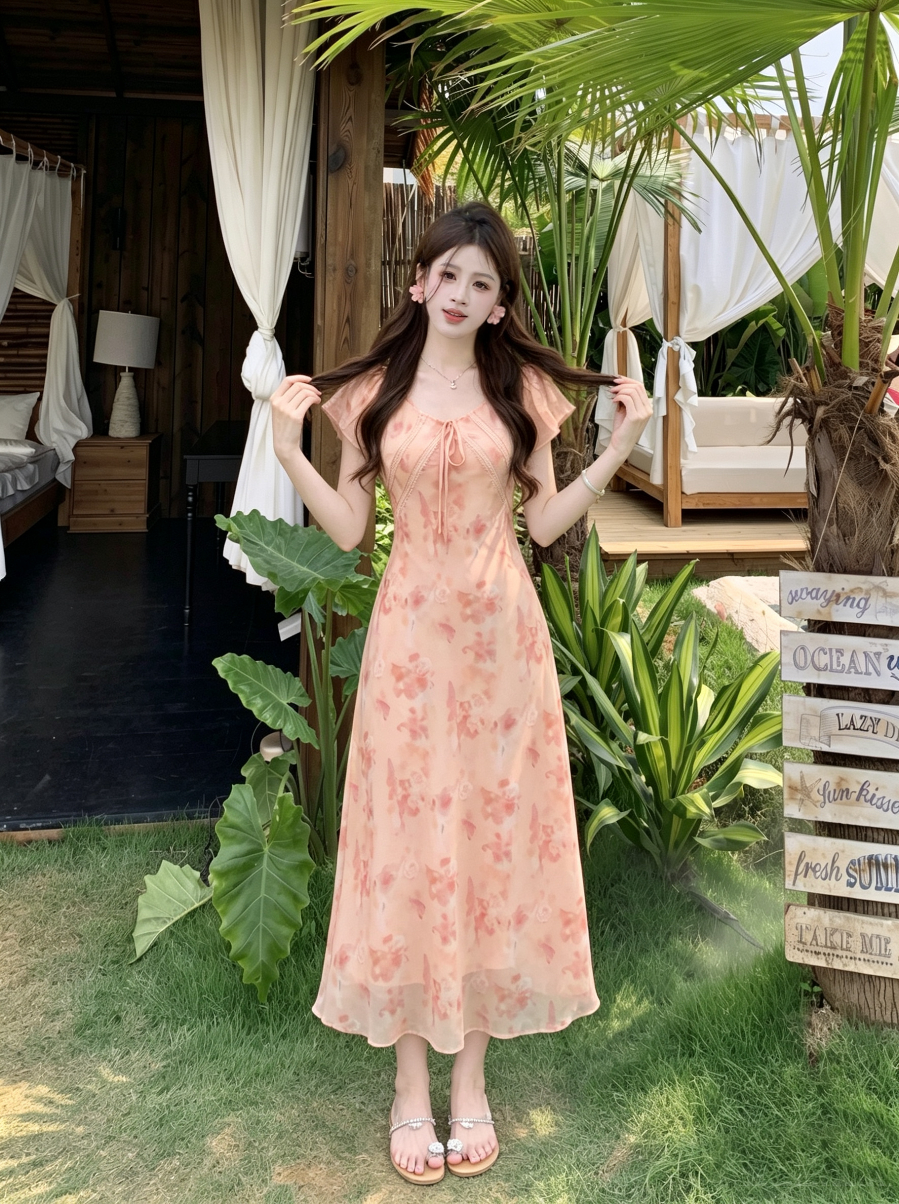 빅 사이즈 구름 사쿠라 빛 소매 새로운 중식 품격 프랑스식 여름 휴가 바람 주황색 핑크색 꽃무늬 드레스 작은 날다 소매 롱 스커트