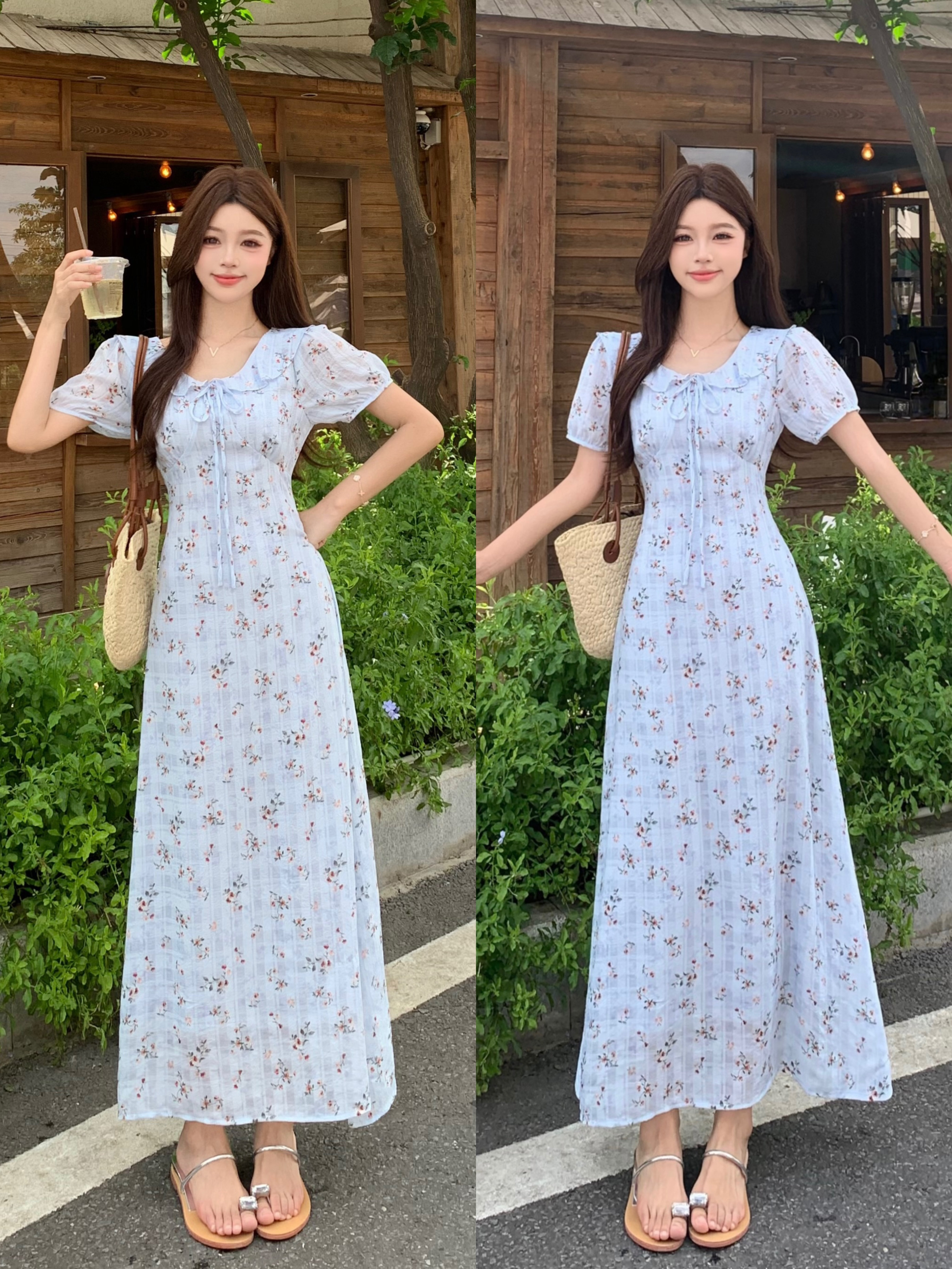 빅 사이즈 여름 파란색 꽃무늬 프릴 칼라 드레스 프랑스식 차 휴식 부드러운 부서 꼬집기 허리 슬림해 보이는 레이스업 길다 치마