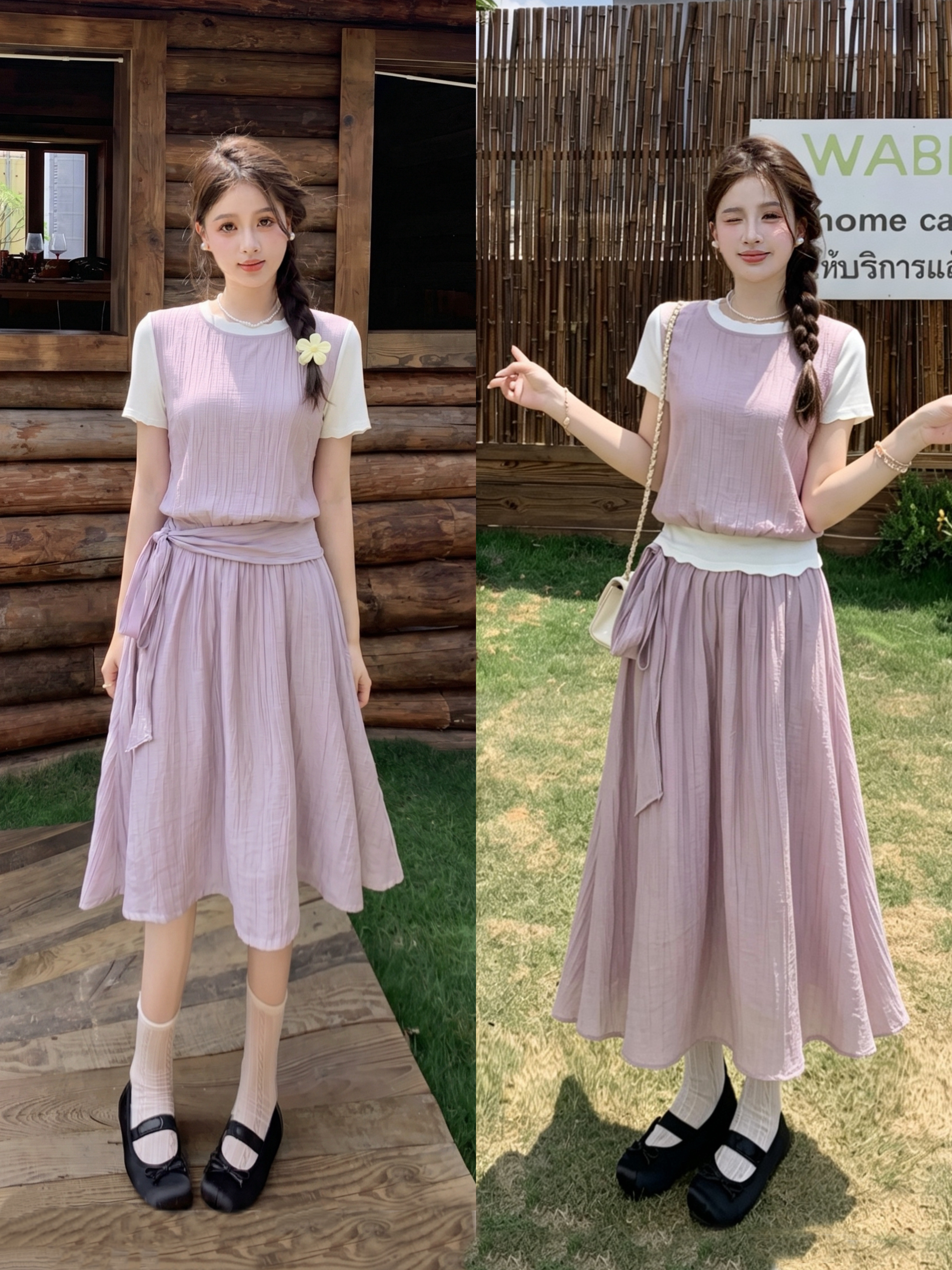 빅 사이즈 한 여성 오는 마이크로 지방 한 부서 달콤함 품격 망사 페이크 레이어드 맨위 반 스커트 얇고 가벼운 슬림해 보이는 세트 여성