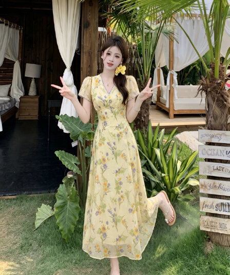 빅 사이즈 여름 지방 mm 새로운 프랑스식 품격 부드러운 바람 빛 연 프리지어 자수 허리 수축 슬림해 보이는 여성 드레스