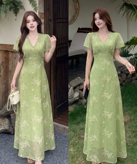 빅 사이즈 지방 mm 여름 프랑스식 레트로 품격 치마 여름 잡초와 함께 자란 녹색 리플 허리 수축 슬림해 보이는 휴가 바람 여성 드레스