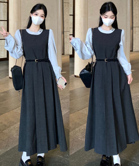 빅 사이즈 2026 가을 지방 mm 프랑스식 페이크 레이어드 긴팔 드레스 허리 수축 슬림해 보이는 한 부서 분위기 센스 착용 가져 가라. 롱 스커트