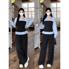 批发西街杂志大码<b class='q'>女</b>秋长袖假两件拼接衬衫休闲阔腿裤<b class='q'>套</b>装韩通勤两件套