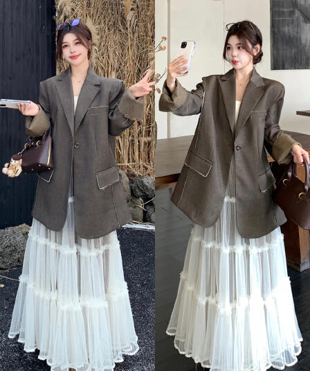 빅 사이즈 한 부서 레트로 커피 색상 블레이저 살구 색상 반신 스커트 투피스 세트 빛 요리 한 느긋한 바람 패션 세트 여성
