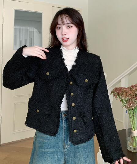 지방 mm 가을 겨울 한 부서 레트로 검정색 작은 샤넬 스타일 여성 코트 작은 대중 품격 고급 센스 솜을 넣은 두꺼운 맨위 여성